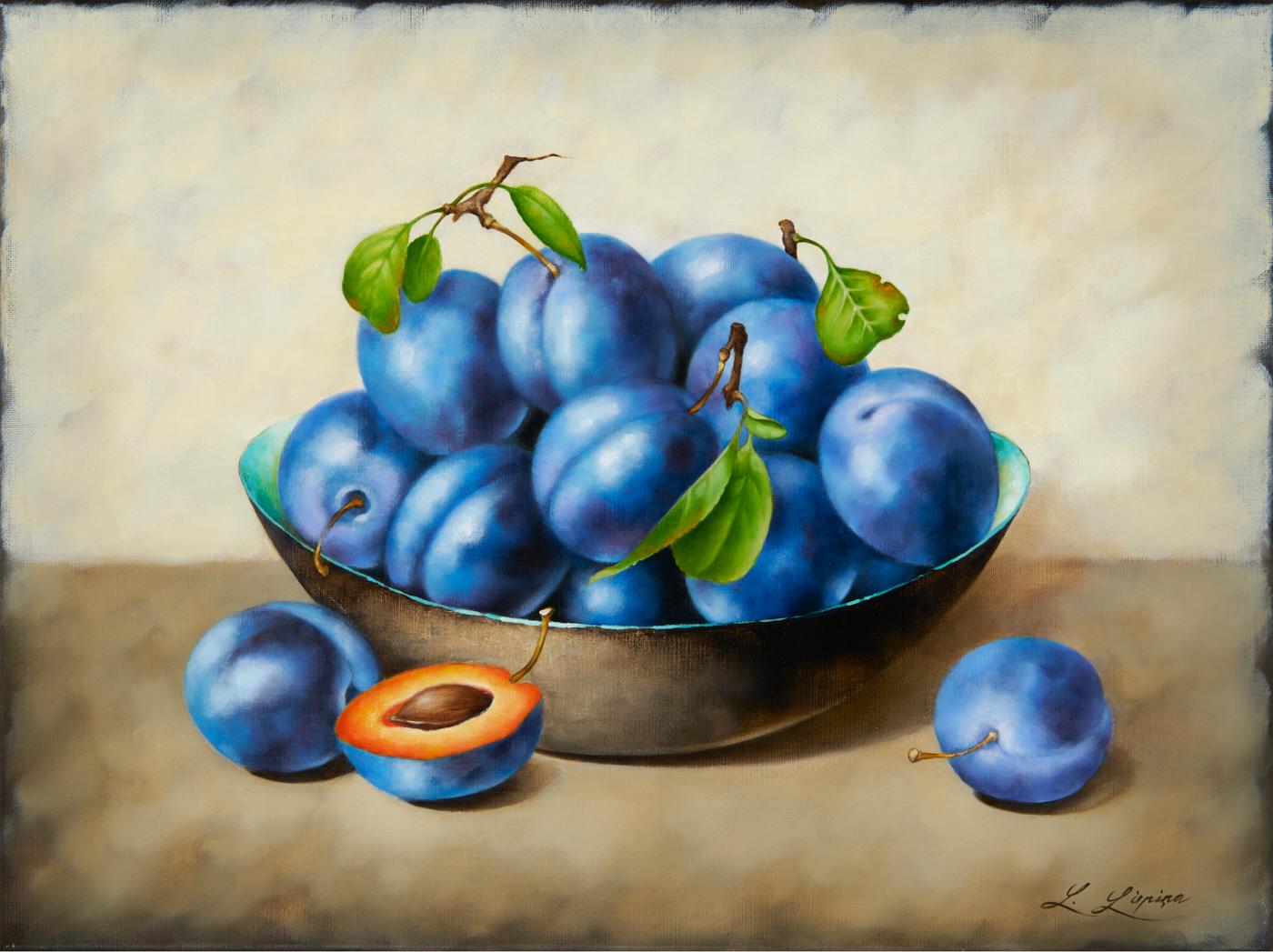 Liene Liepina  Still-Life Painting - Plums, 2020. Oil on canvas, 30 x 40 cm 