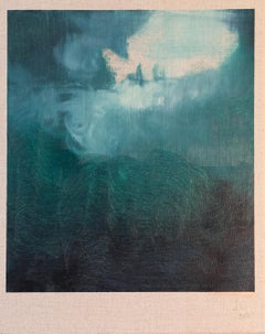 Pink glow - oil on canvas painting of pinky clouds against a blue sky