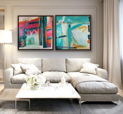 Distant Memory St Ives and Walk This Land diptych, Bright Abstract Cornish Art