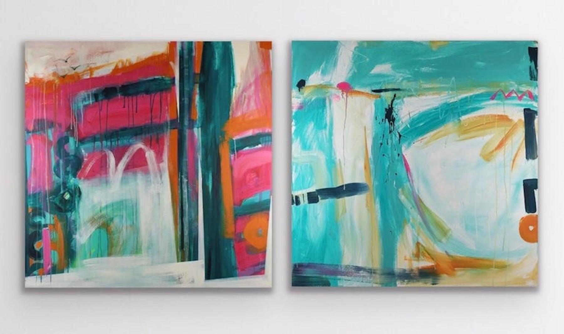 Distant Memory St Ives and Walk This Land diptych, Bright Abstract Cornish Art - Gray Abstract Painting by Liese Webley