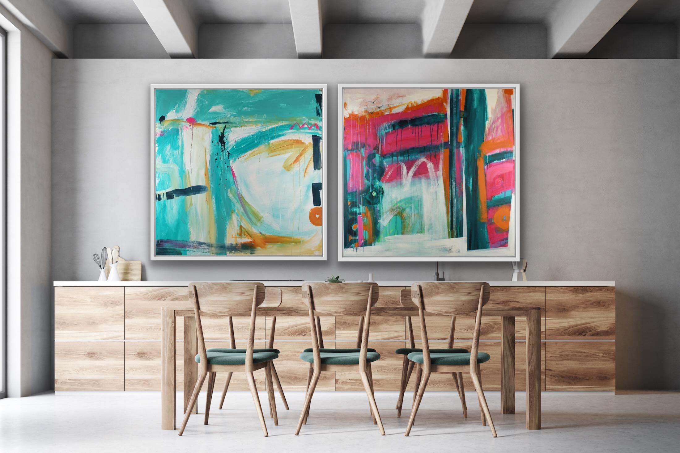 Distant Memory St Ives and Walk This Land diptych, Bright Abstract Cornish Art For Sale 2