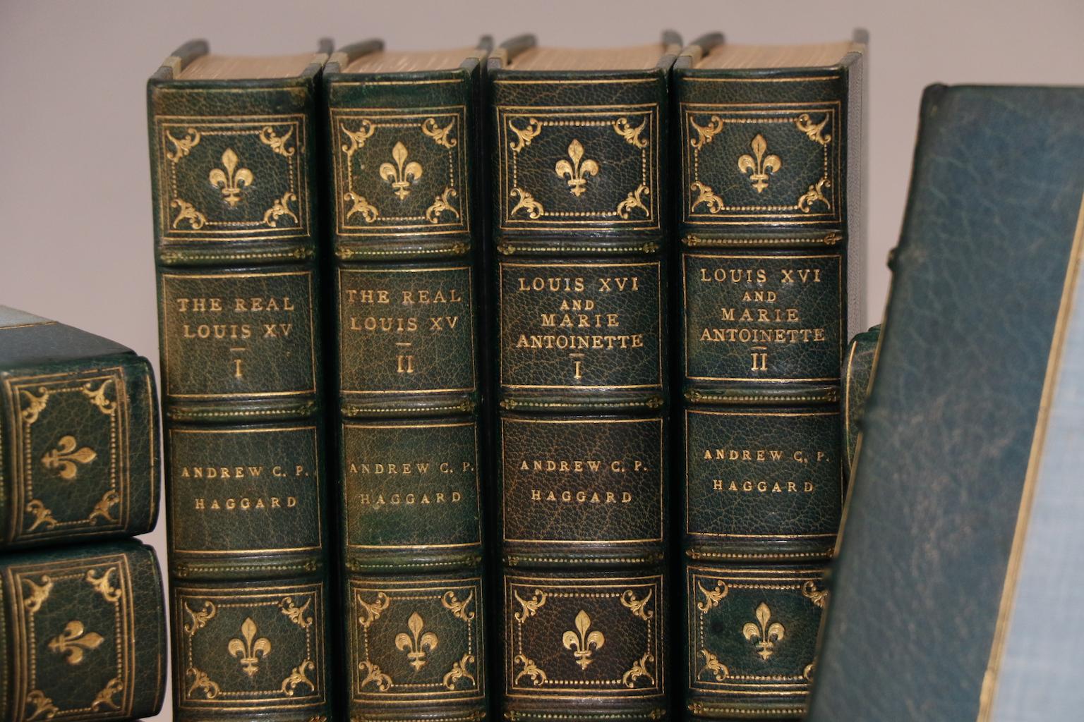 Leatherbound. 13 volumes. Octavos. Bound in 3/4 blue Morocco with top edges gilt and gilt tooling on spines by Sangorski & Sutcliffe for Brentano's. Titles include 
