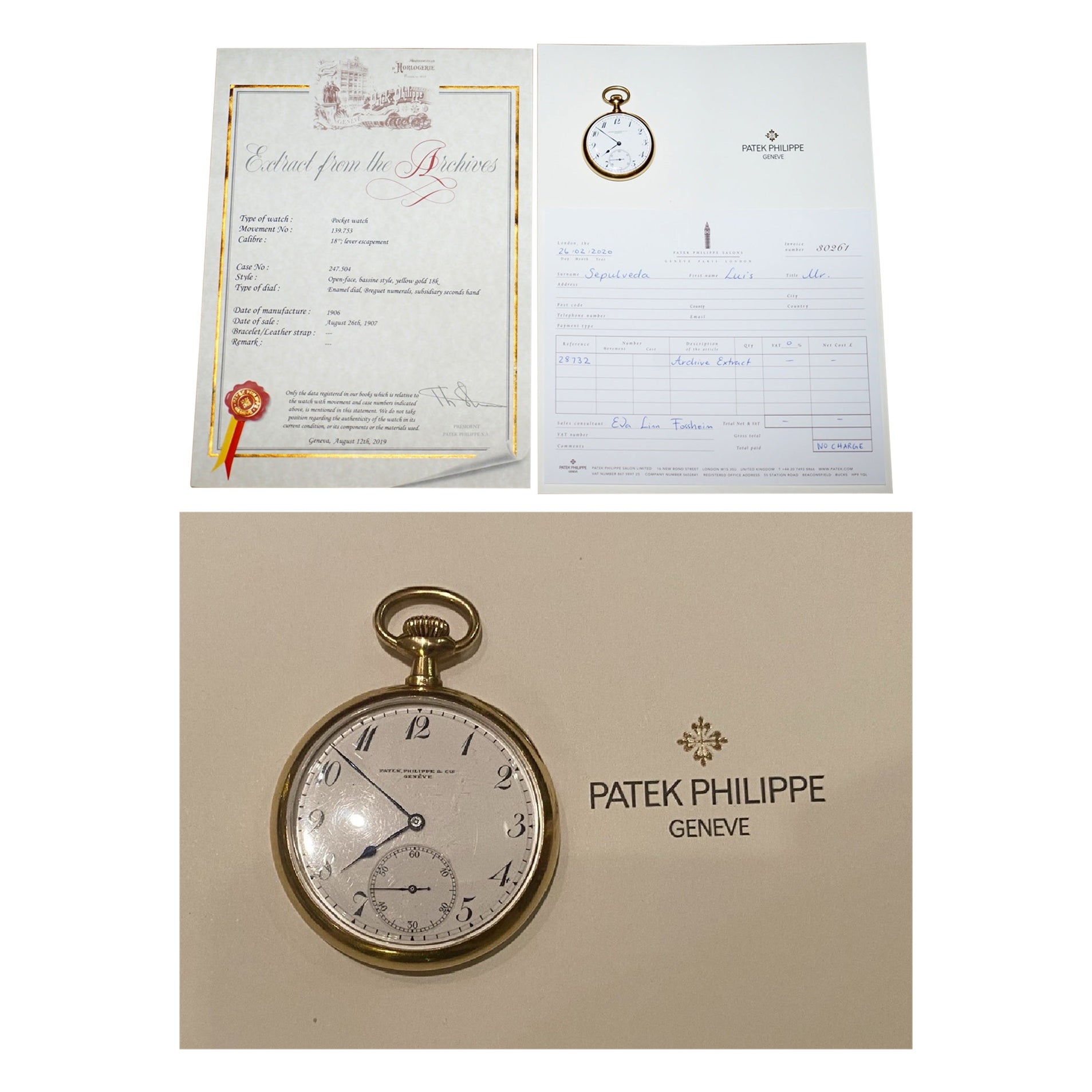 Il tenente colonnello possedeva un orologio da tasca Patek Philippe 1906 in oro 18 ct. in vendita