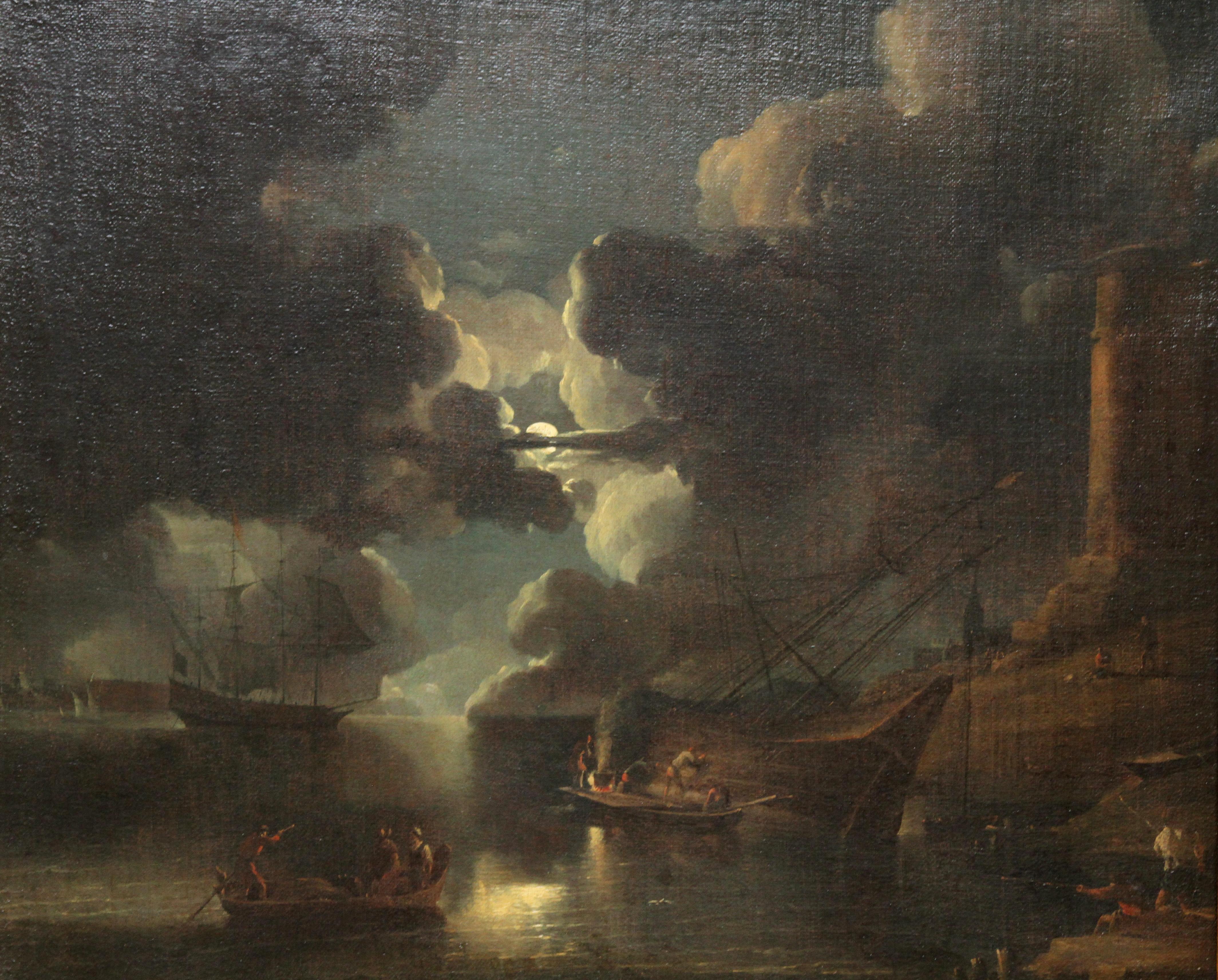 Coastal Maritime Nocturne - Dutch Golden Age art 17thC marine oil painting - Painting by Lieve Pietersz Verschuier