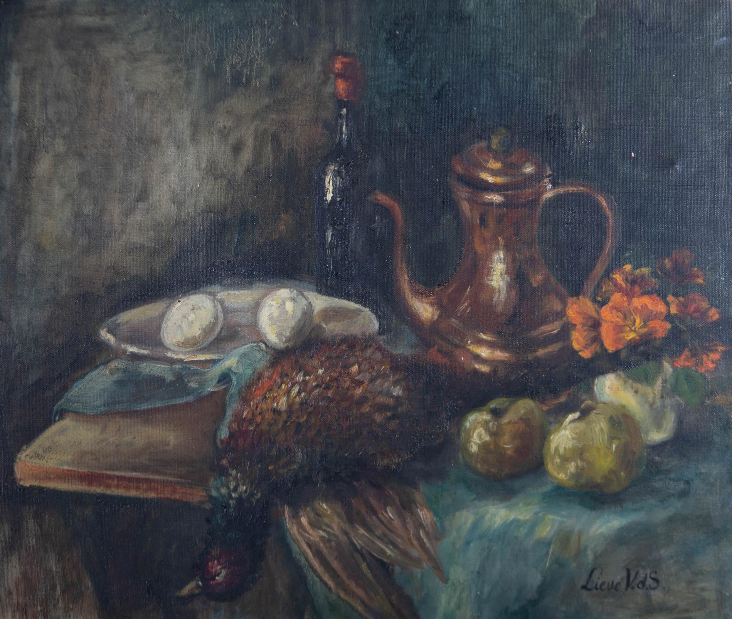 A charmingly rustic still life showing a table with two eggs on a plate, a pair of apples, coffee pot, bottle of red wine and a small vase of nasturtiums. The artist has used a textured brush technique with a muted naturalistic palette which gives