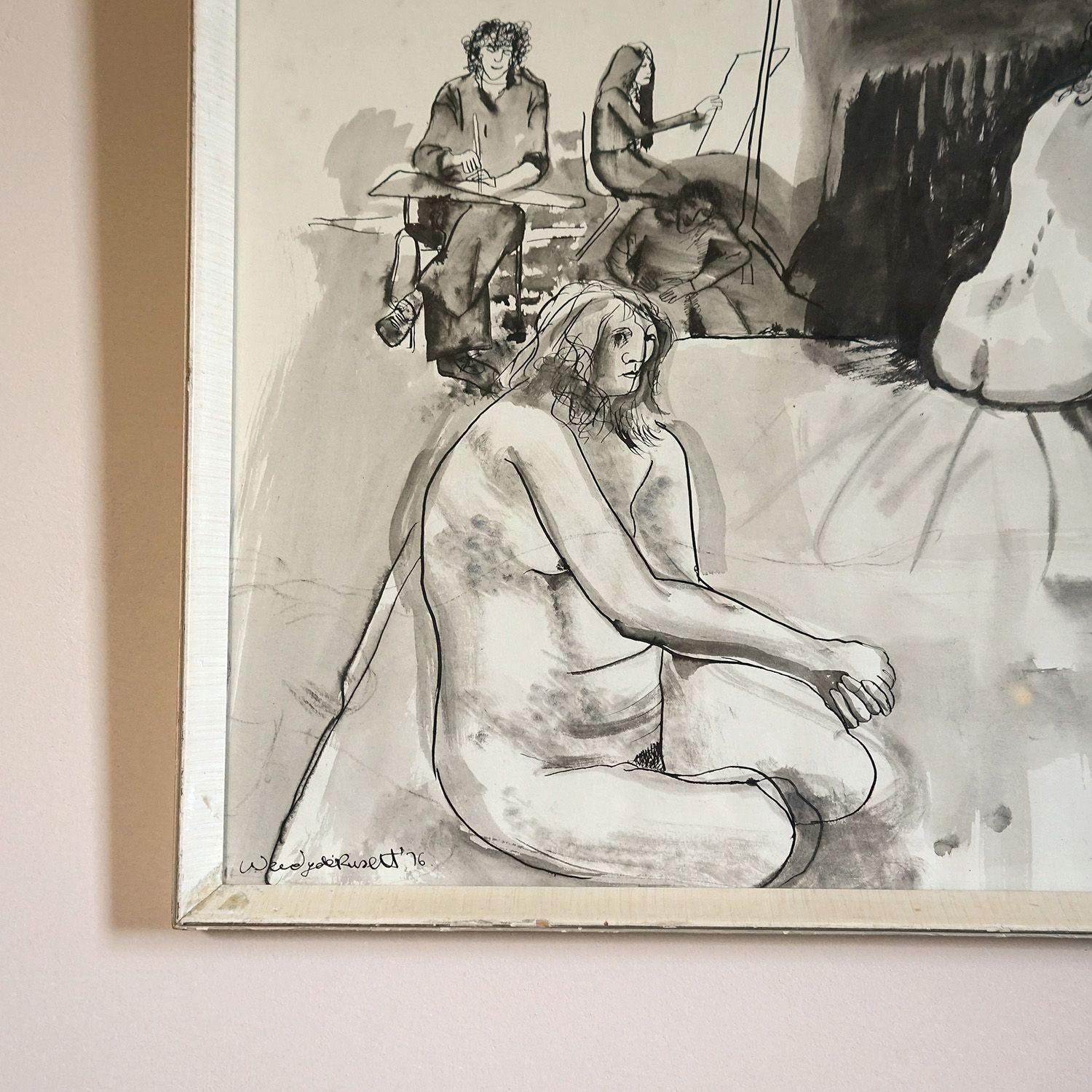 Vintage Original 'Life Drawing' Nude Pen and Ink Wash by Wendy de Rusett, 1970s In Good Condition For Sale In Bristol, GB
