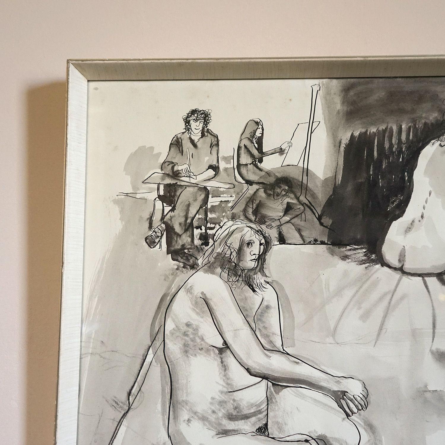 Late 20th Century Vintage Original 'Life Drawing' Nude Pen and Ink Wash by Wendy de Rusett, 1970s For Sale