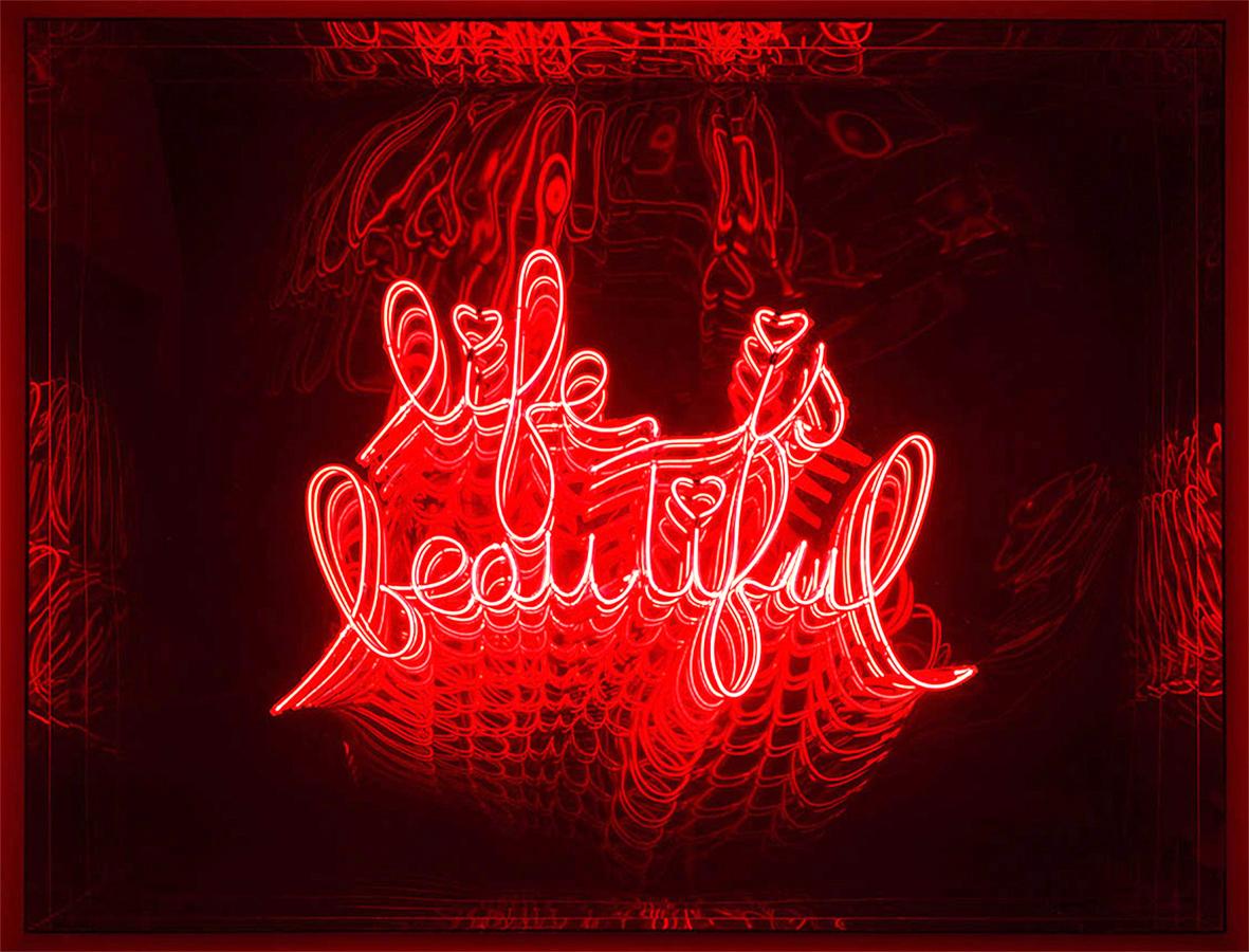 Wall decoration mirror life is beautyful infiny made with
mirrored LED lights with glass and plexiglass creating
an infiny mirrored effect. With neon lighted 