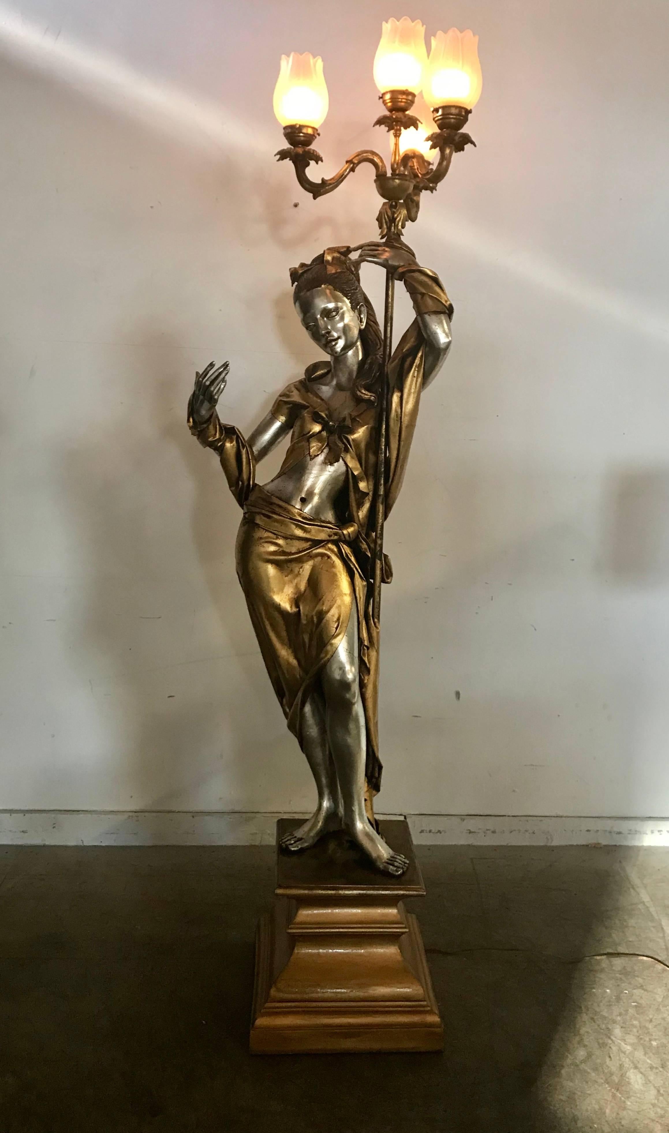 American Life-Like Figural Woman Torchere Floor Lamp, Gold and Silver Leaf by ARP