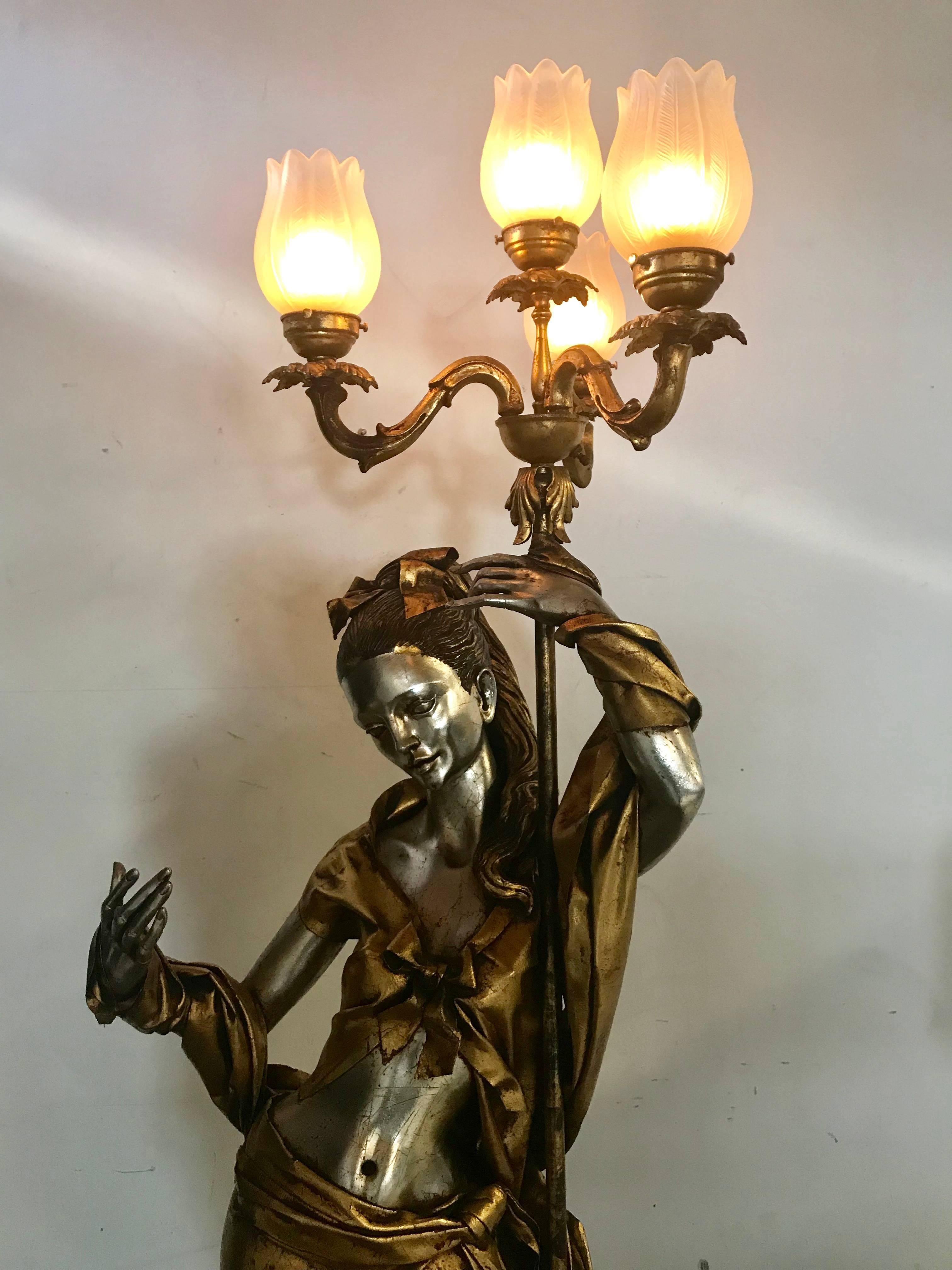 Life-Like Figural Woman Torchere Floor Lamp, Gold and Silver Leaf by ARP In Good Condition In Buffalo, NY