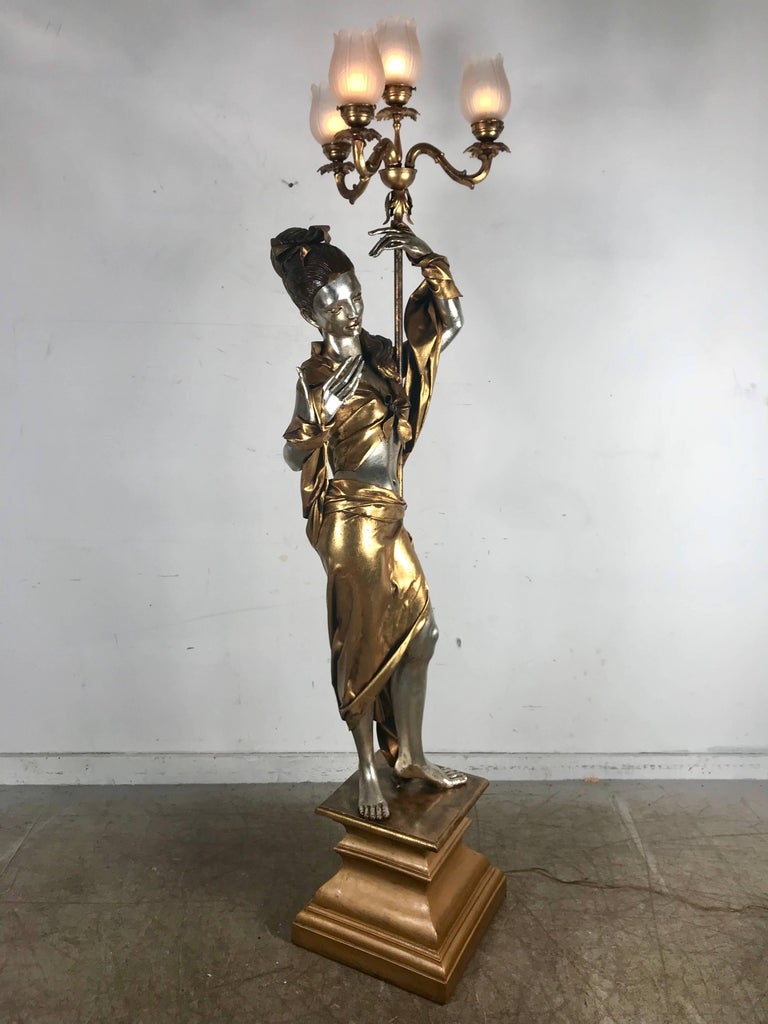 LifeLike Figural Woman Torchere Floor Lamp, Gold and Silver Leaf by