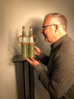 “Life Mates" Hand Painted Green Candle Holder Master Designer Eva Fritz-Lindner