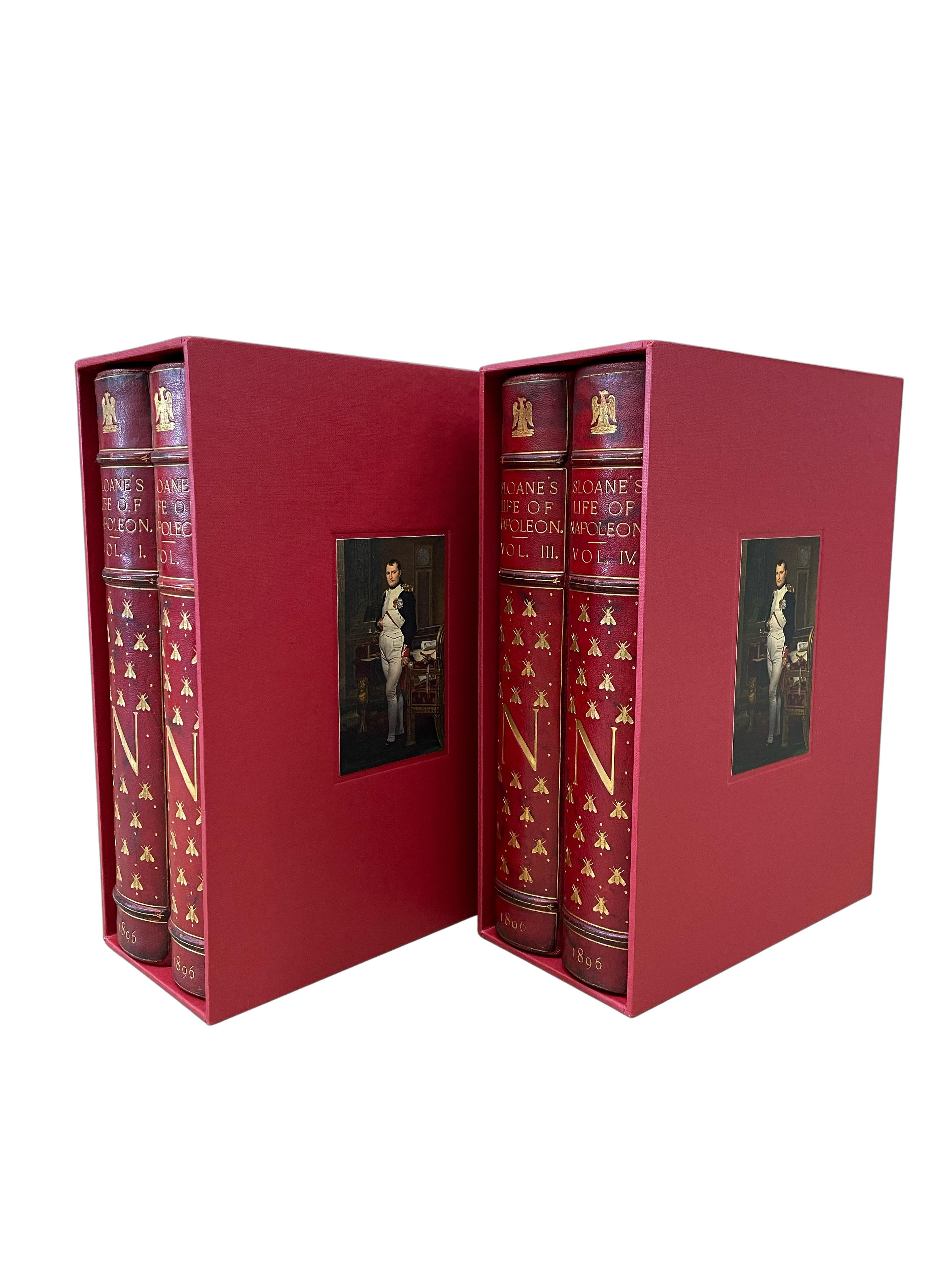 Sloane, William Milligan. The Life of Napoleon Bonaparte. New York: Century Co, 1896. Four volume quarto set. Handsomely bound in half red Moroccan leather and cloth boards, spines ruled and lettered in gilt, top edge gilt, and Napoleon’s bee