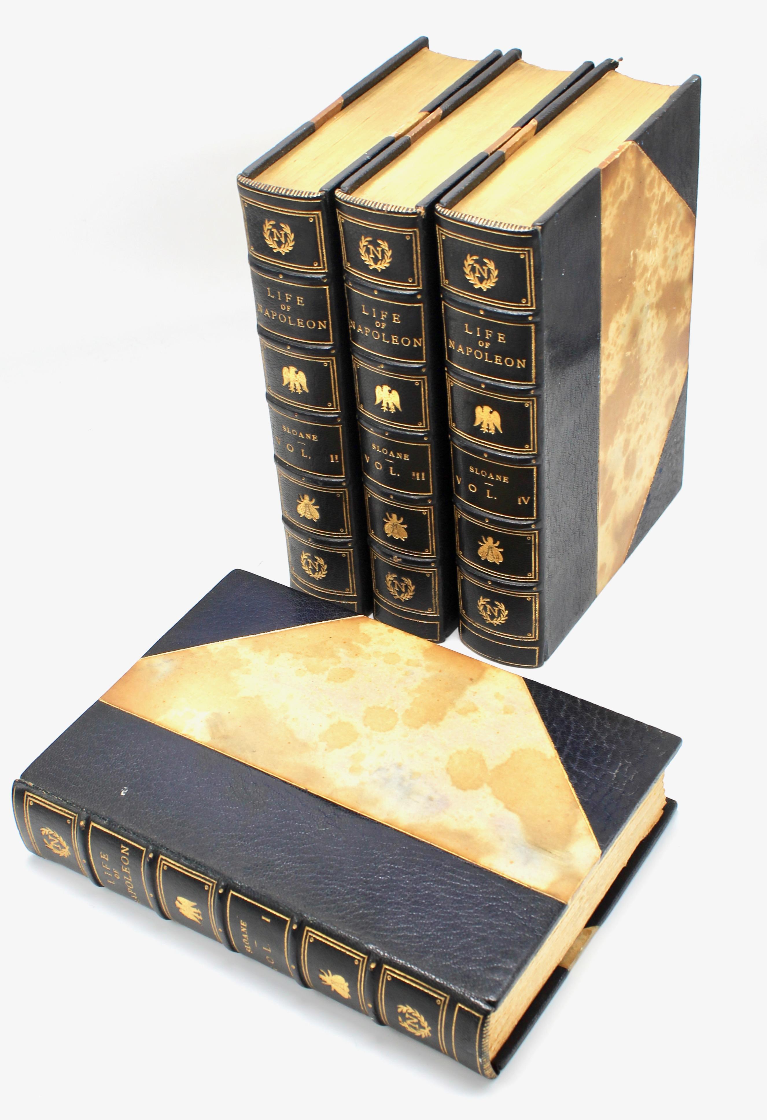 Sloane, William Milligan. The Life of Napoleon Bonaparte, Revised and Enlarged with Portraits. London: The Times Book Club, 1912. Four volume octavo set. Bound by George Bayntun, of Bath, England, in navy ¾ leather bindings with marbled leather
