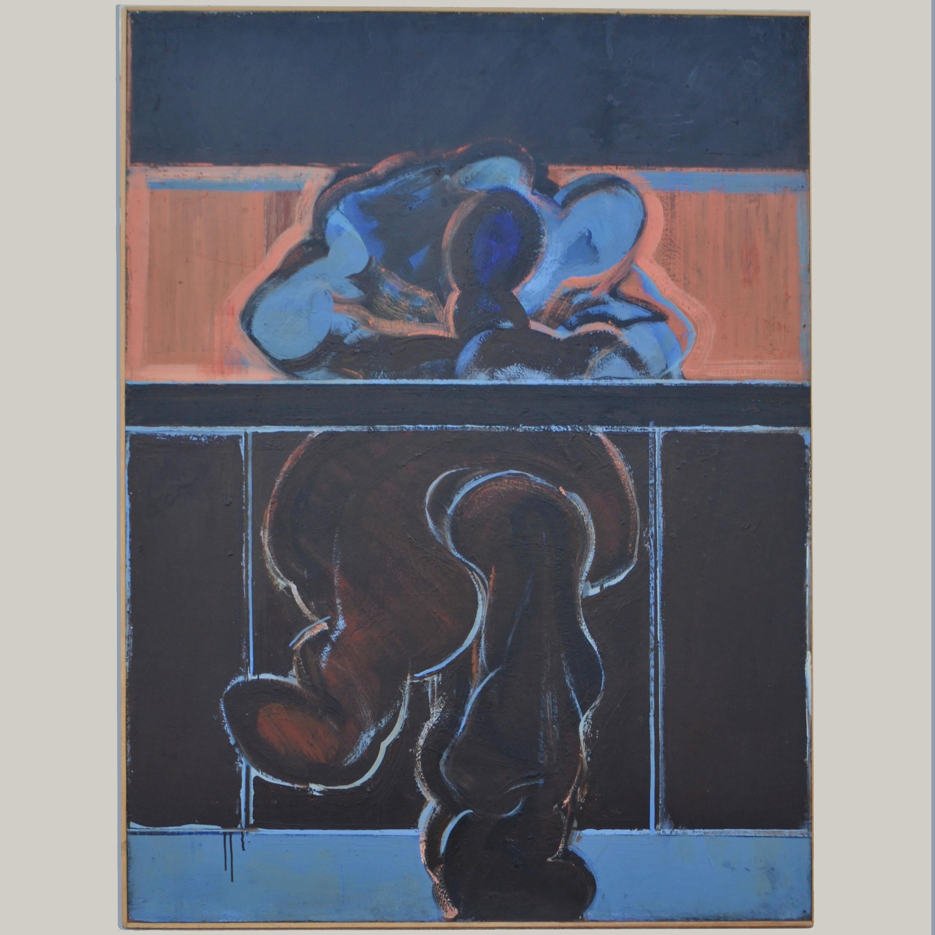 The abstract life painting of a seated figure by John Kaine 1960's was executed in acrylic paint on board framed with pine wood.
As we gaze upon what seems to a sited figure at a table or desk the painting is divided into blocks of colour above the
