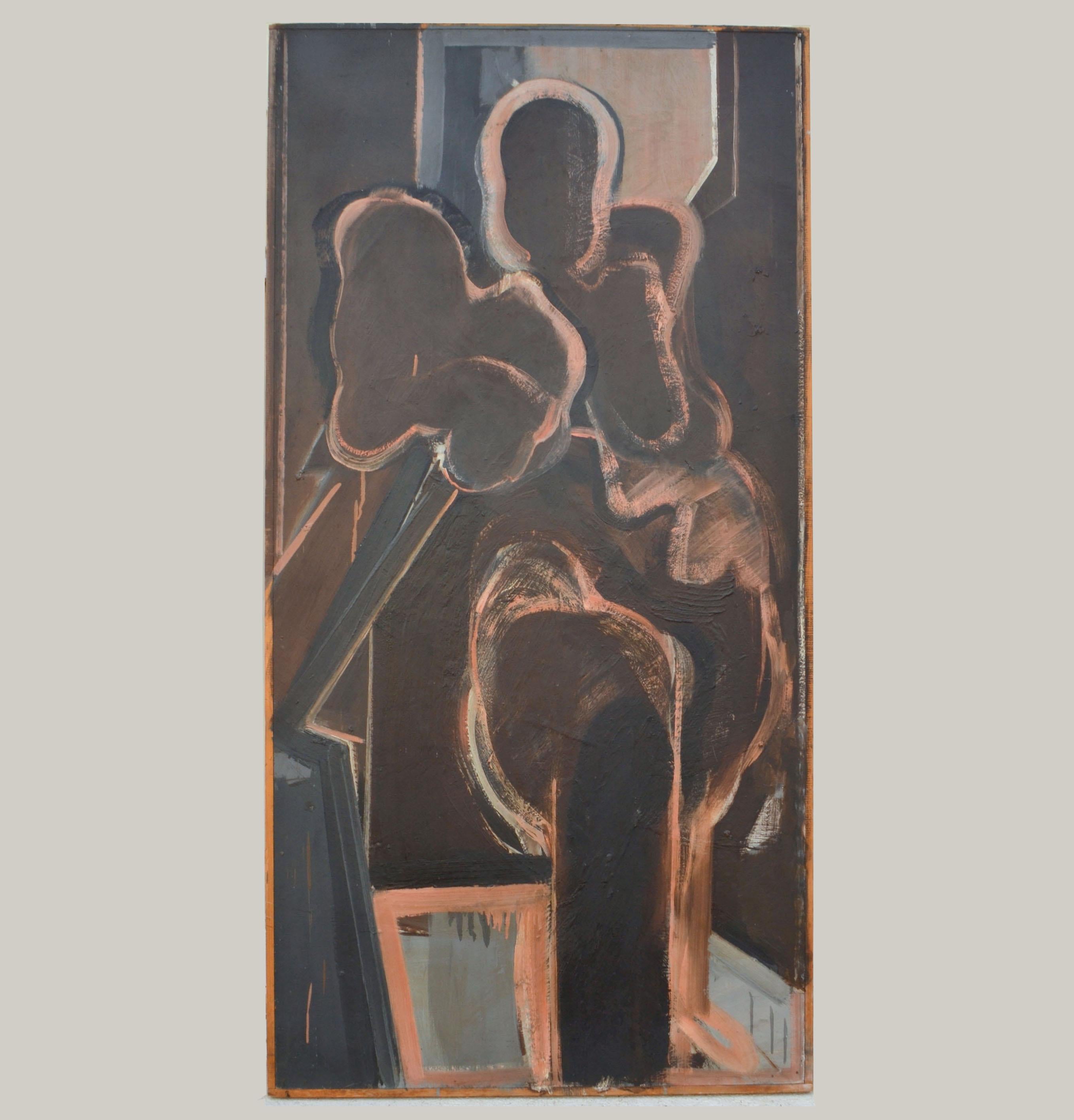 The abstract life painting of a standing or kneeling figure by John Kaine 1960's Acrylic was executed on board framed with pine wood.
John Kaine presents us with a female nude in a position of action or inaction, descending or ascending. The figure