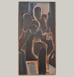 Ritratto dal vero di una figura in piedi, stile Mid-Century Modern, acrilico su tavola