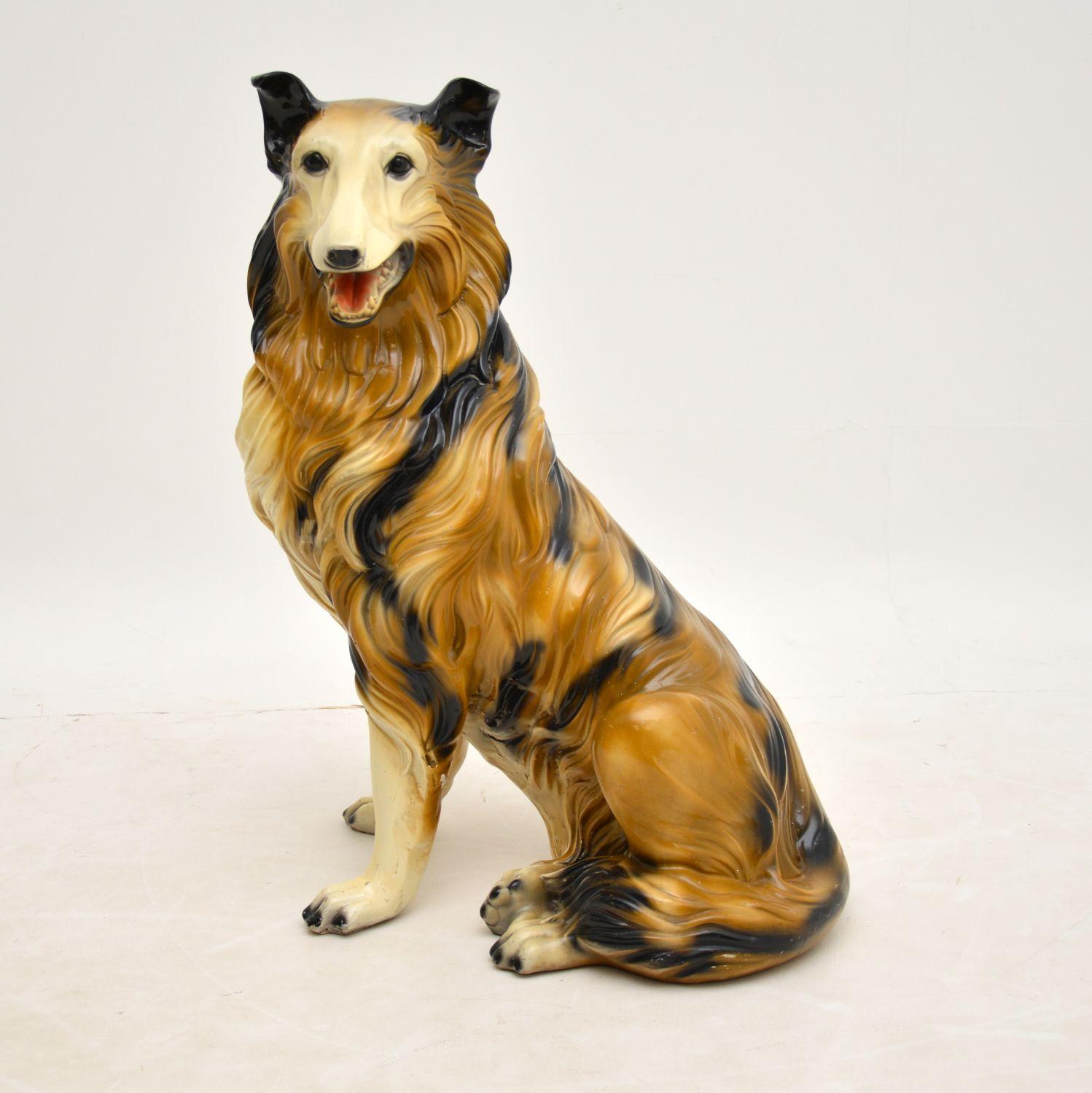 A wonderful vintage ceramic statue of a Rough Collie dog. This was made in England, it dates from the 1960-70’s.
This is hand painted and is of excellent quality. It is life sized and is a fabulous decorative piece.

The condition is fantastic