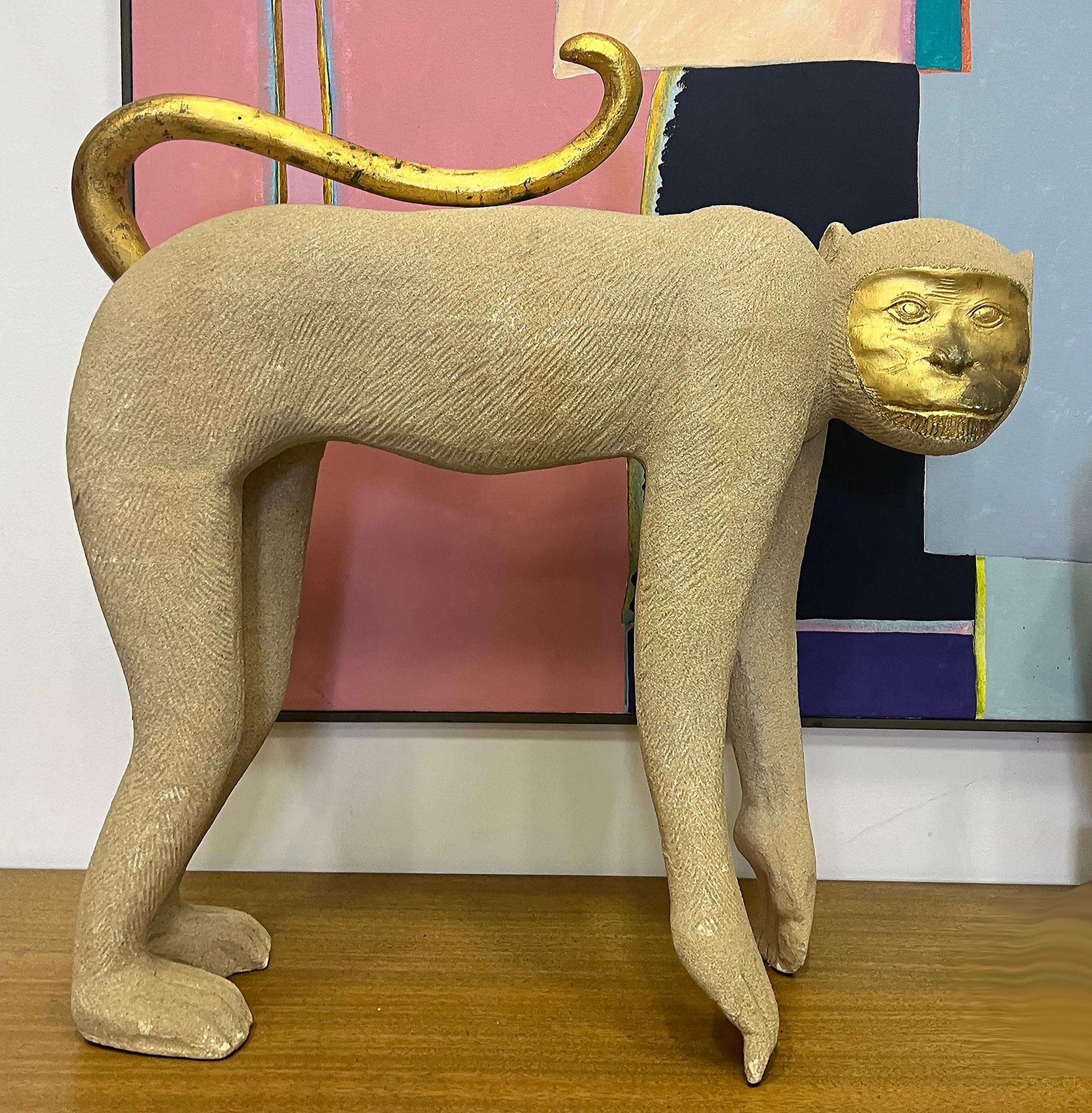 Wood Life Size 1980s Pop-Art Monkey Sculpture With Gilt Accents For Sale