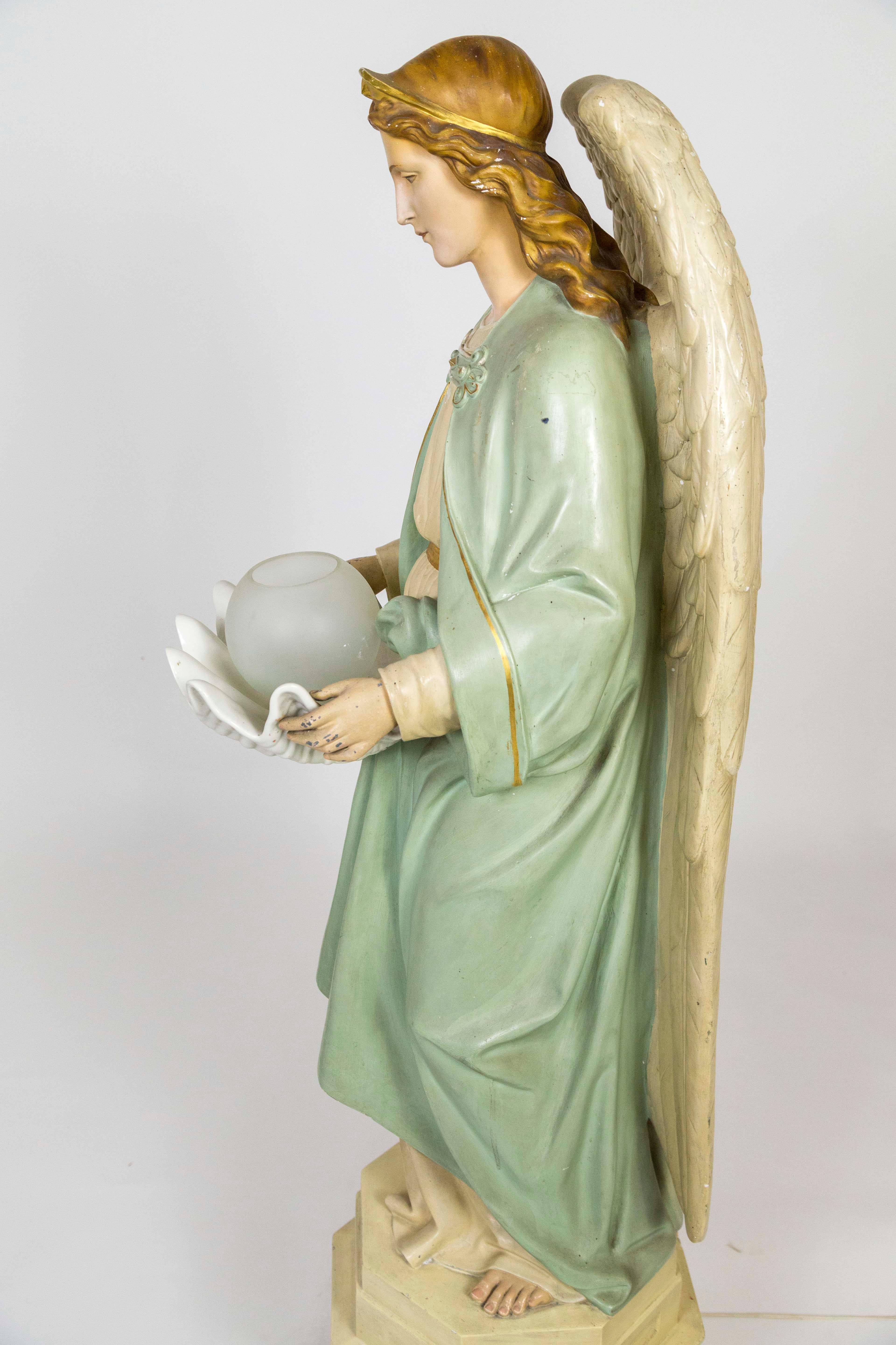 Life-size Angel Statue Holding Porcelain Clam Shell Bowl with Light 5