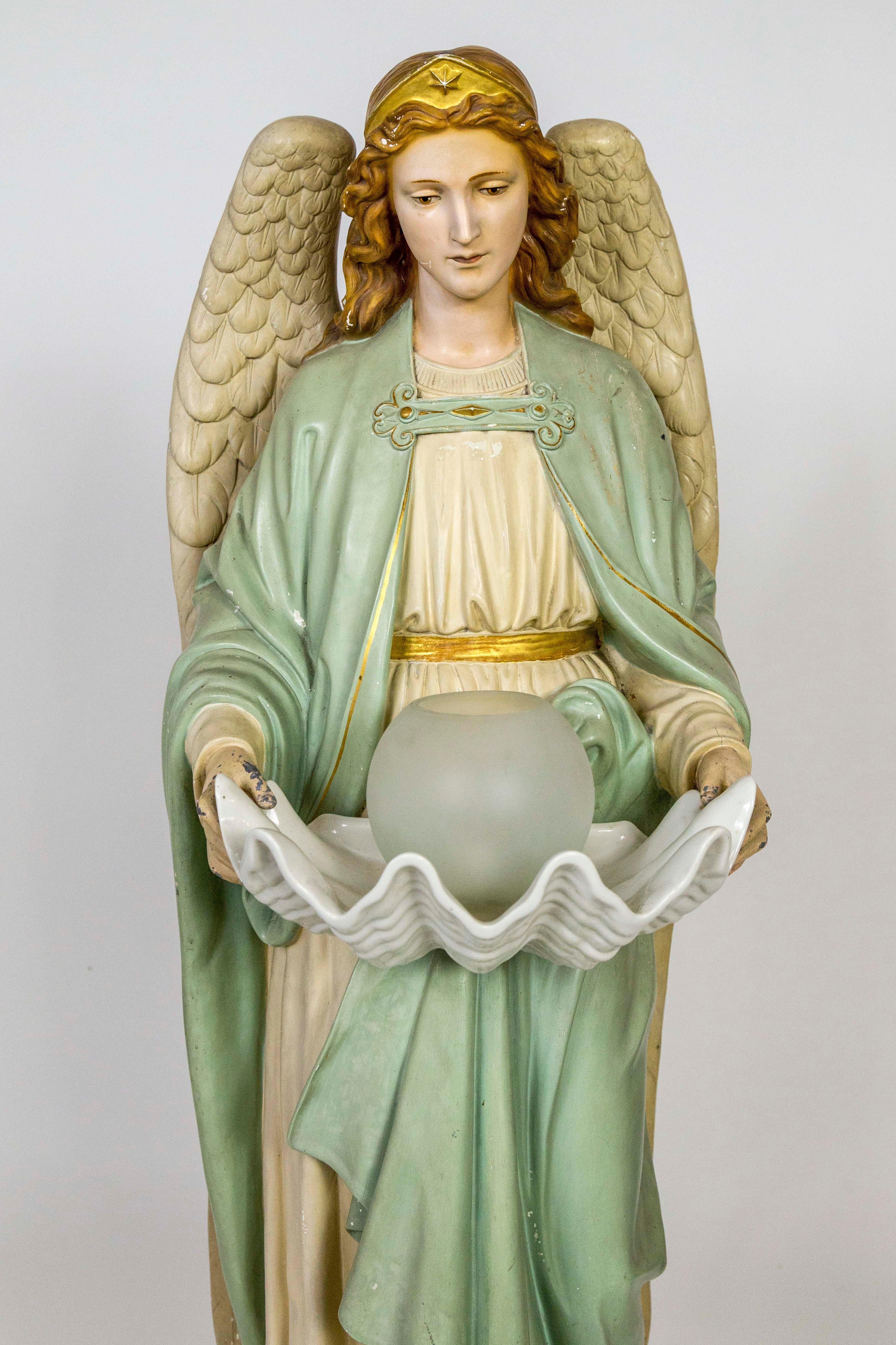 Life-size Angel Statue Holding Porcelain Clam Shell Bowl with Light In Good Condition In San Francisco, CA
