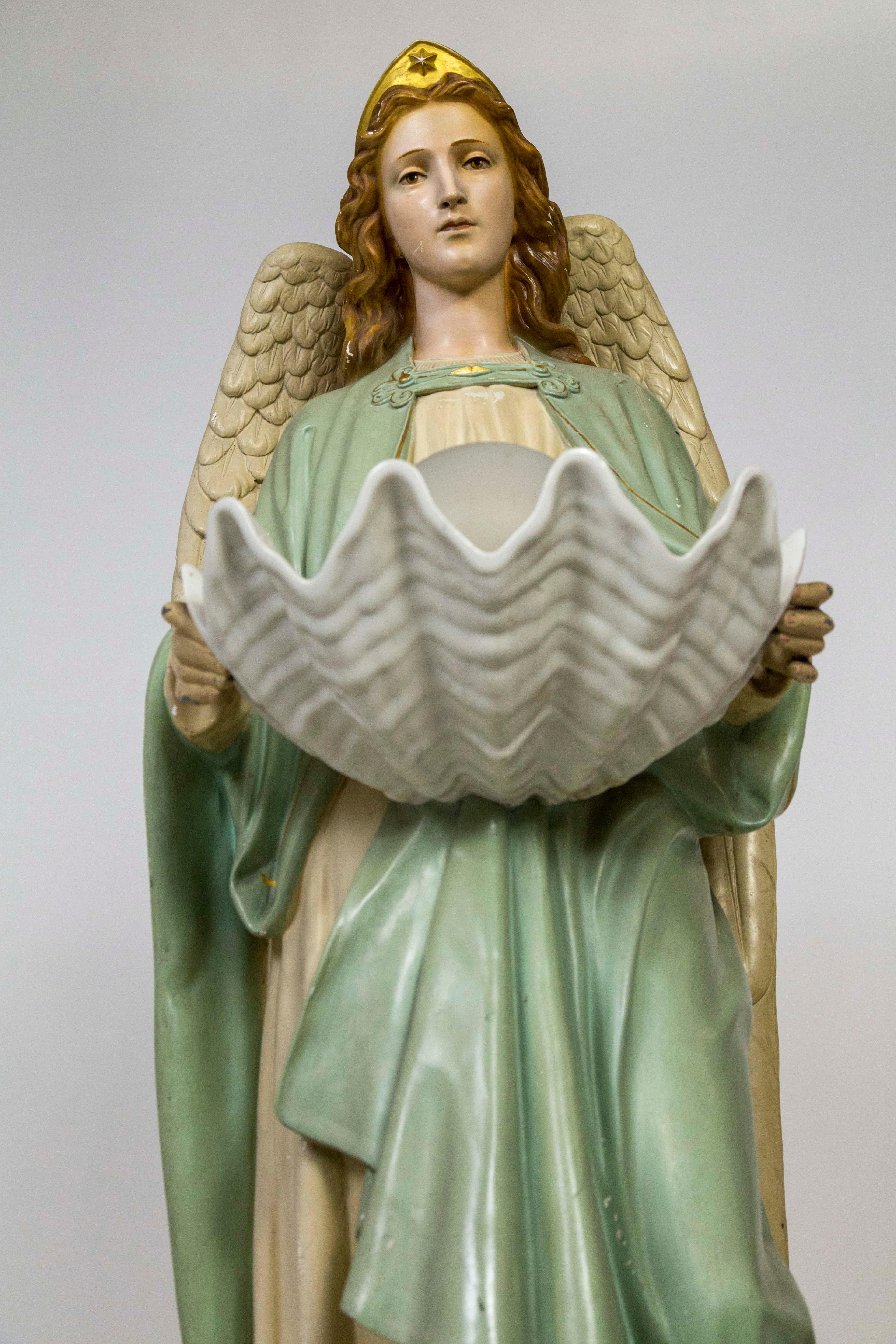 20th Century Life-size Angel Statue Holding Porcelain Clam Shell Bowl with Light