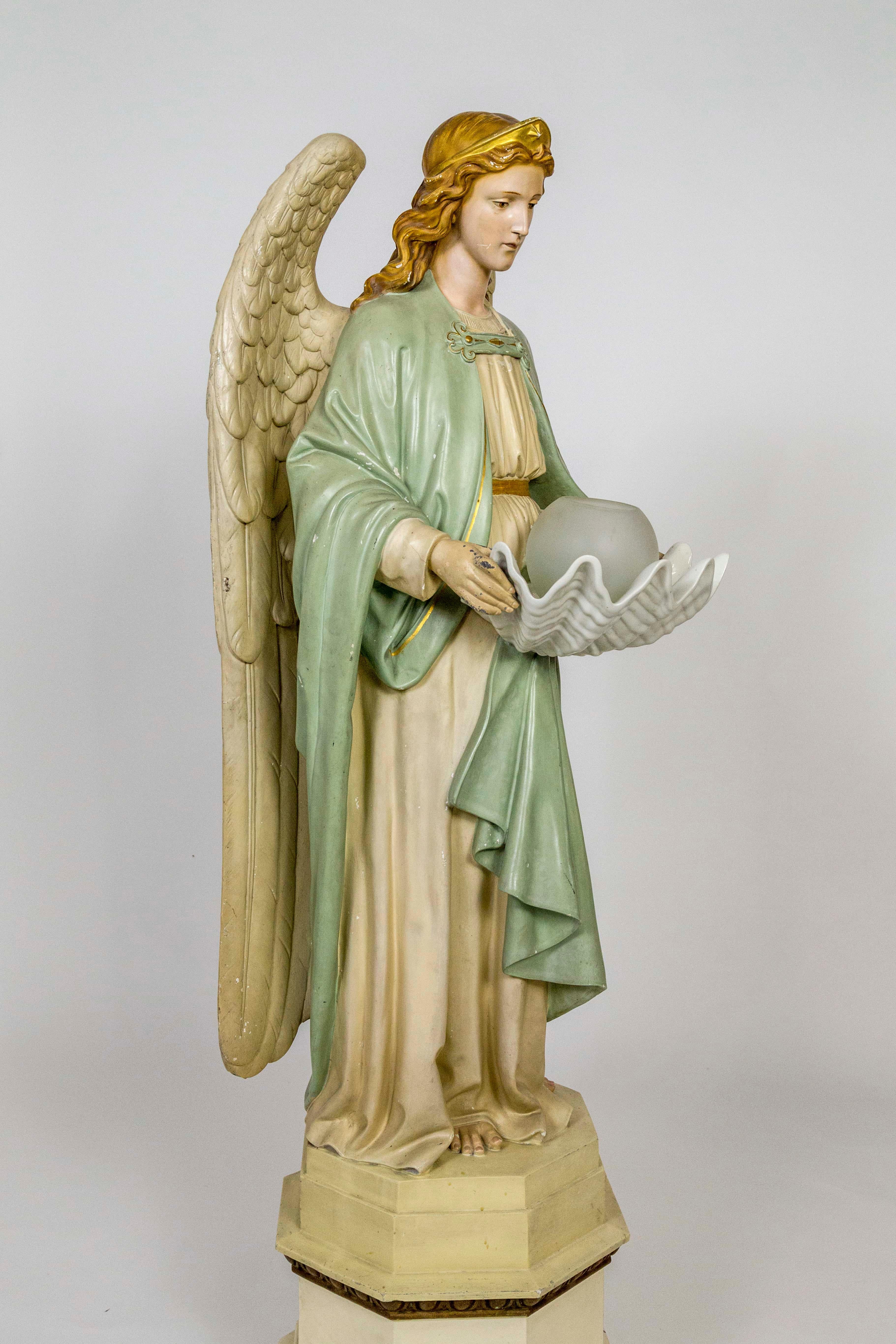 Life-size Angel Statue Holding Porcelain Clam Shell Bowl with Light 1