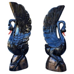 Life-Size Antique Architectural Hand Carved & Painted Black Swan Sculpture Pair