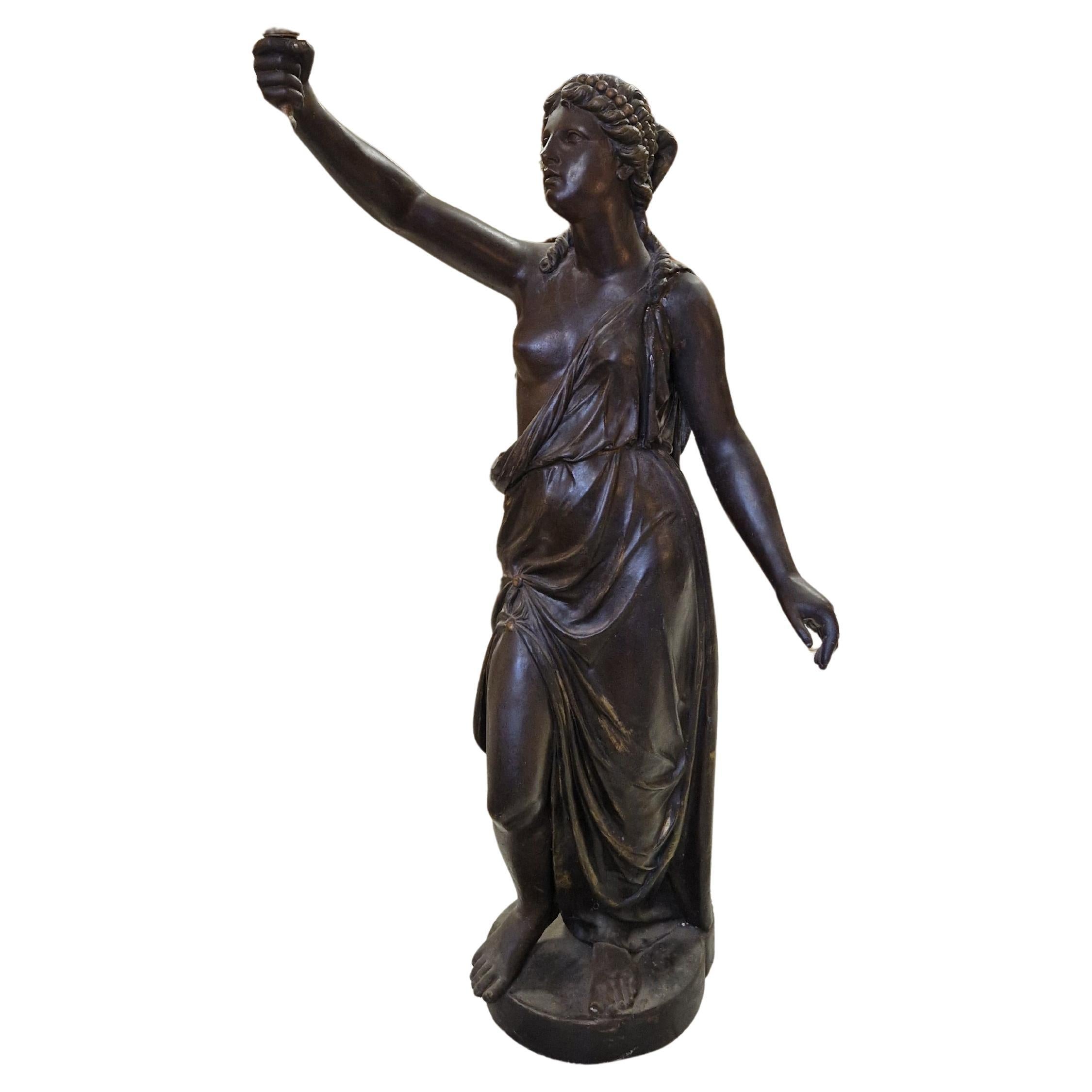 Lampada da terra antica Liberty a grandezza naturale in spelter