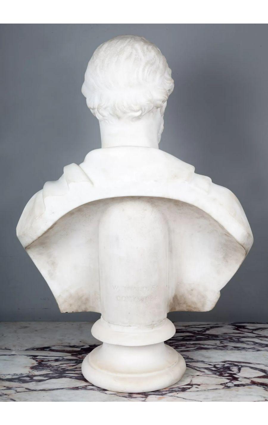 English Life Size Antique Marble Bust of a Male in the Classical Roman Style, 1872 For Sale