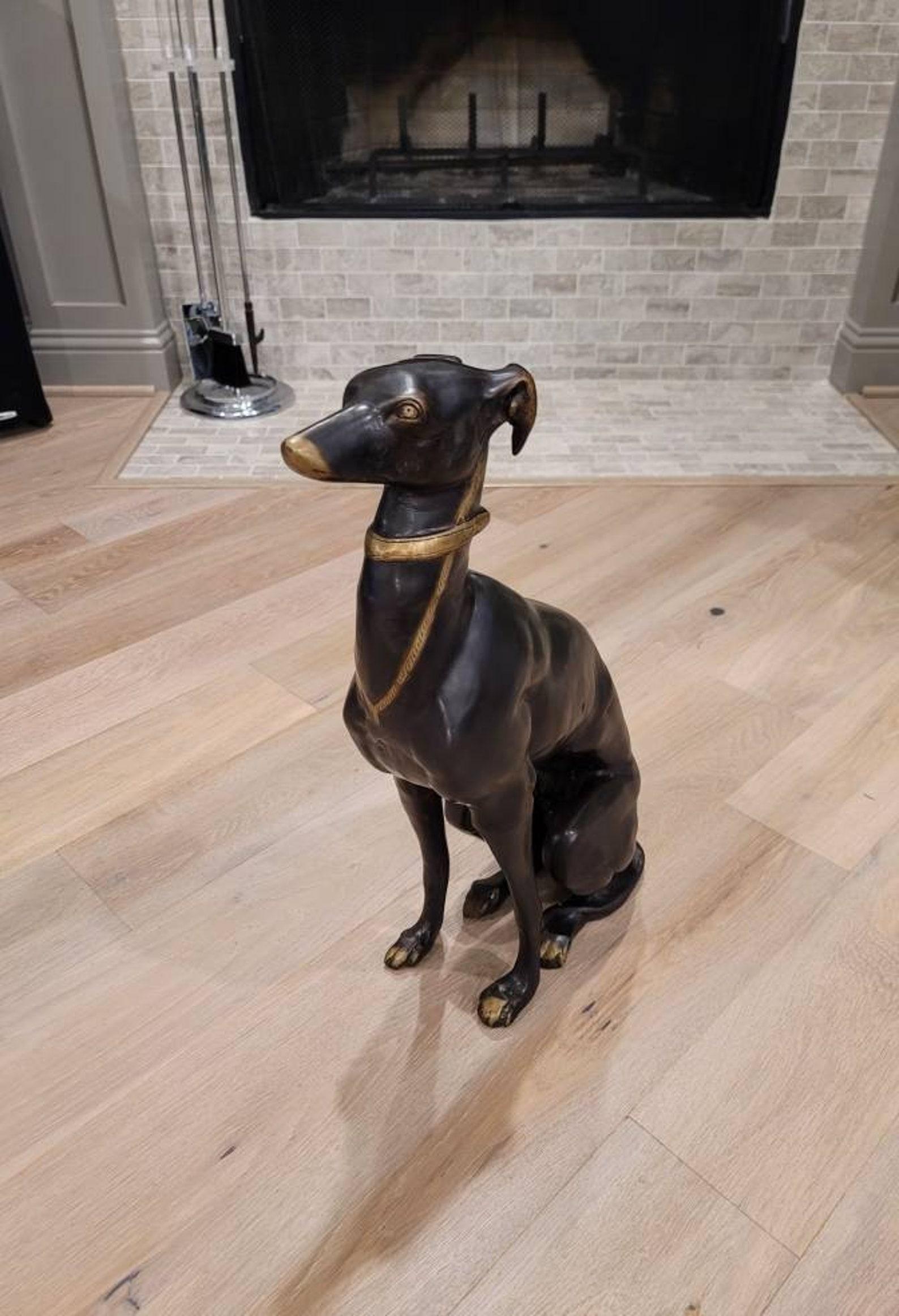 Gilt Life-Size Art Deco Patinated Bronze Greyhound Sculpture For Sale