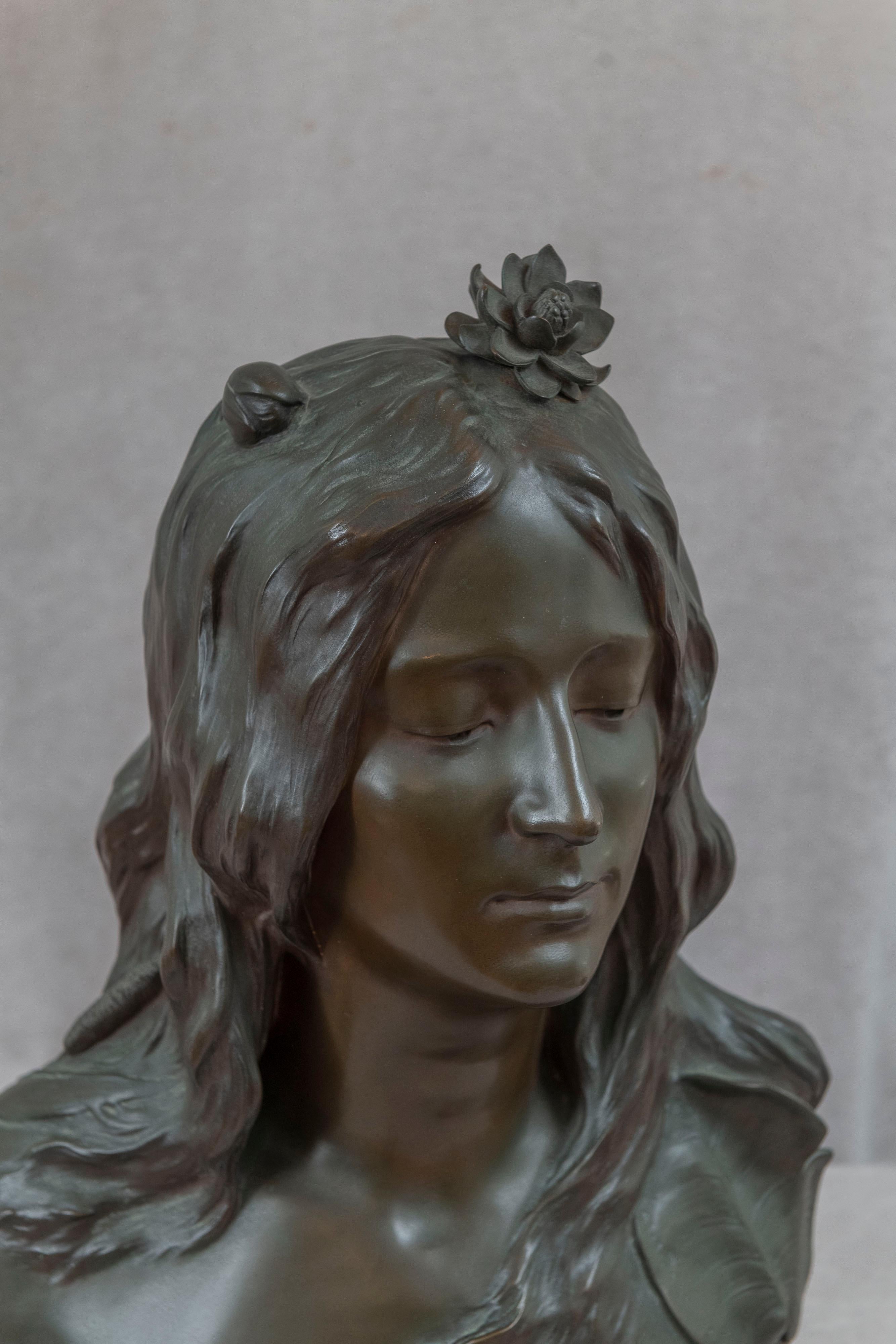 Cast Life Size Art Nouveau Bronze Bust of a Woman Leopold Savine French (1861-1934) For Sale