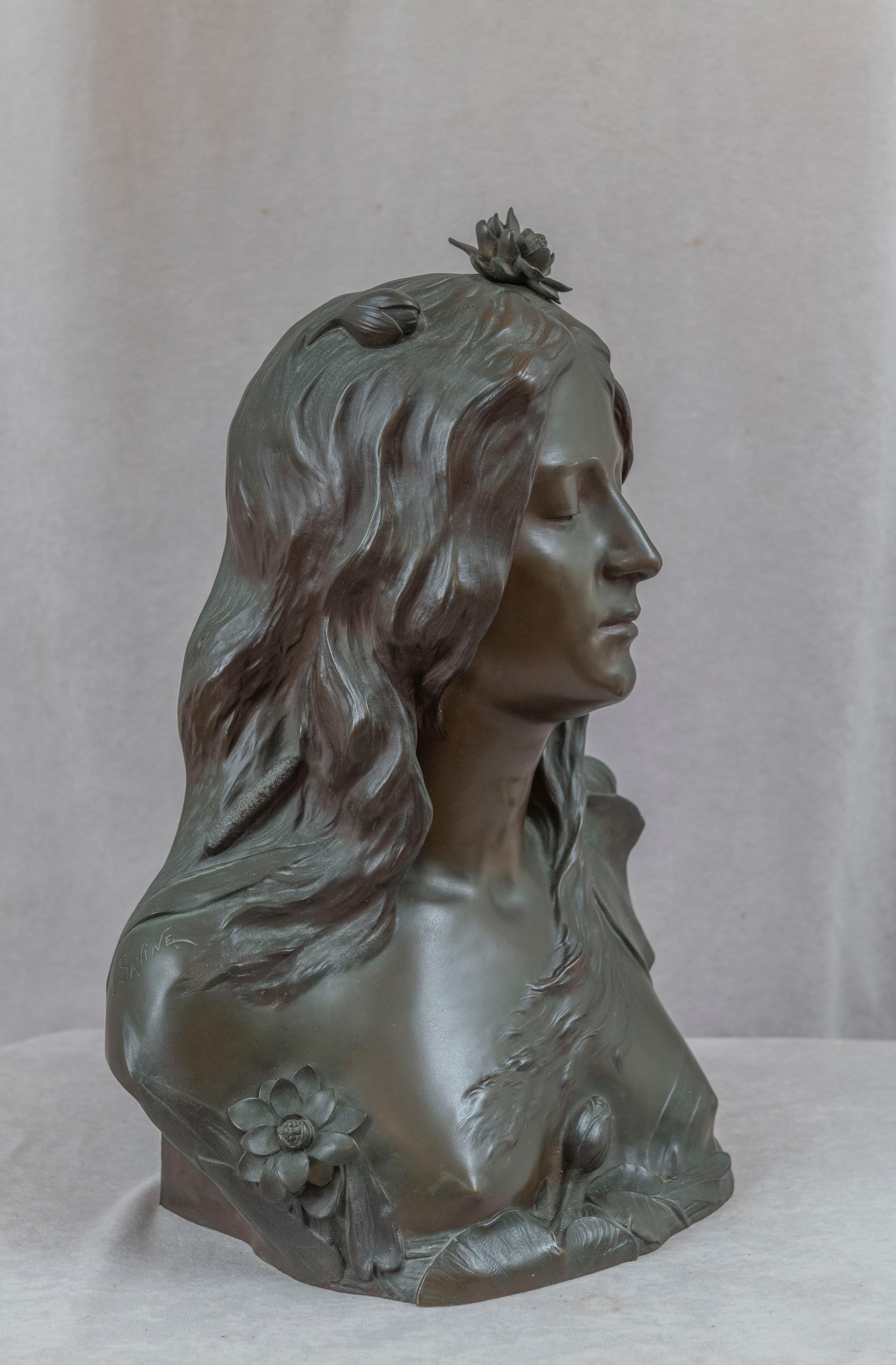 20th Century Life Size Art Nouveau Bronze Bust of a Woman Leopold Savine French (1861-1934) For Sale