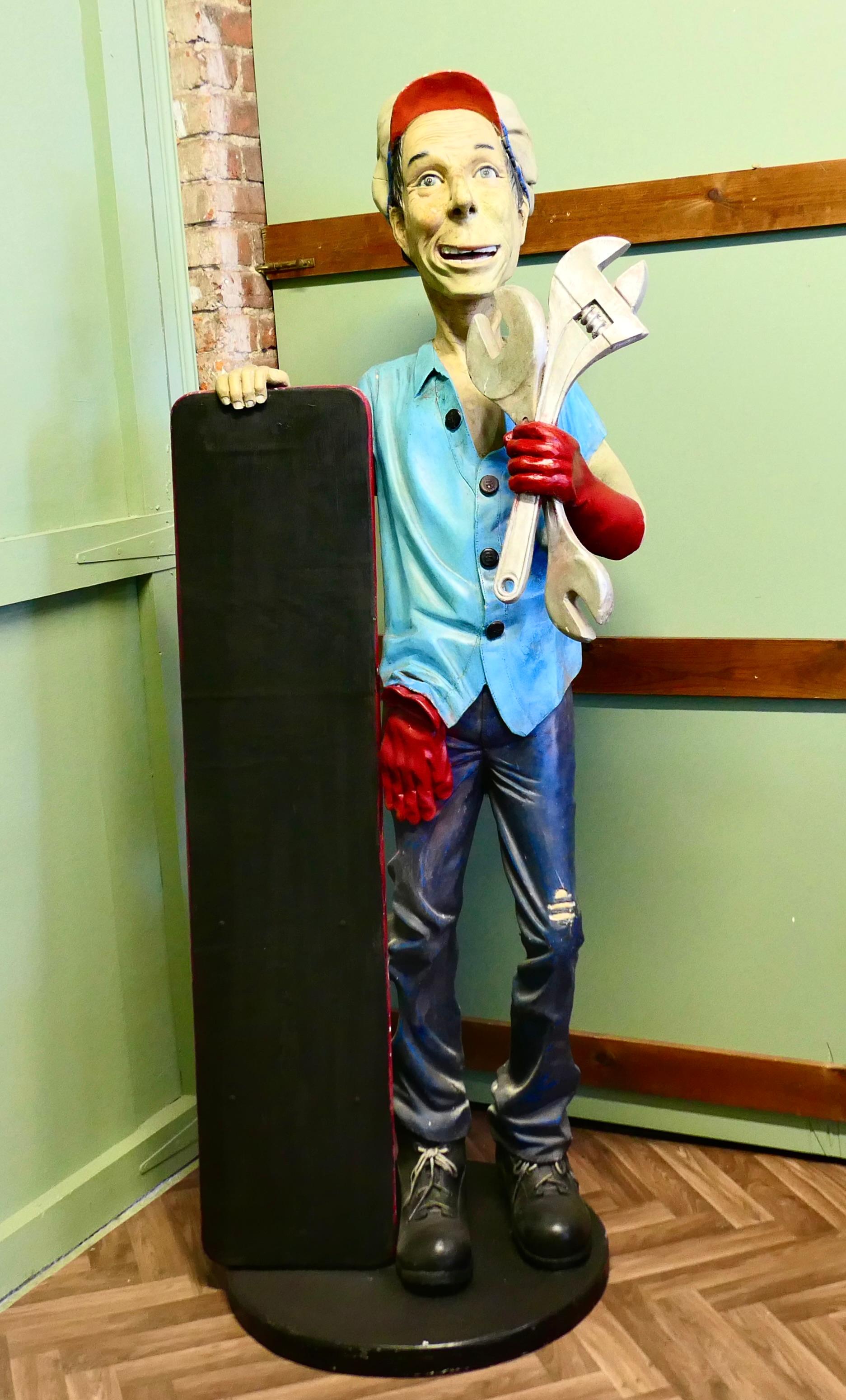 Life Size Auto Mechanic Truck Stop Menu Board Trade Sign

A charming and rare piece, a life size mechanic he came from the outside of a Trucker’s Diner, he is 6ft tall with Giant spanners in one hand and a tall menu board in the other


A Great and