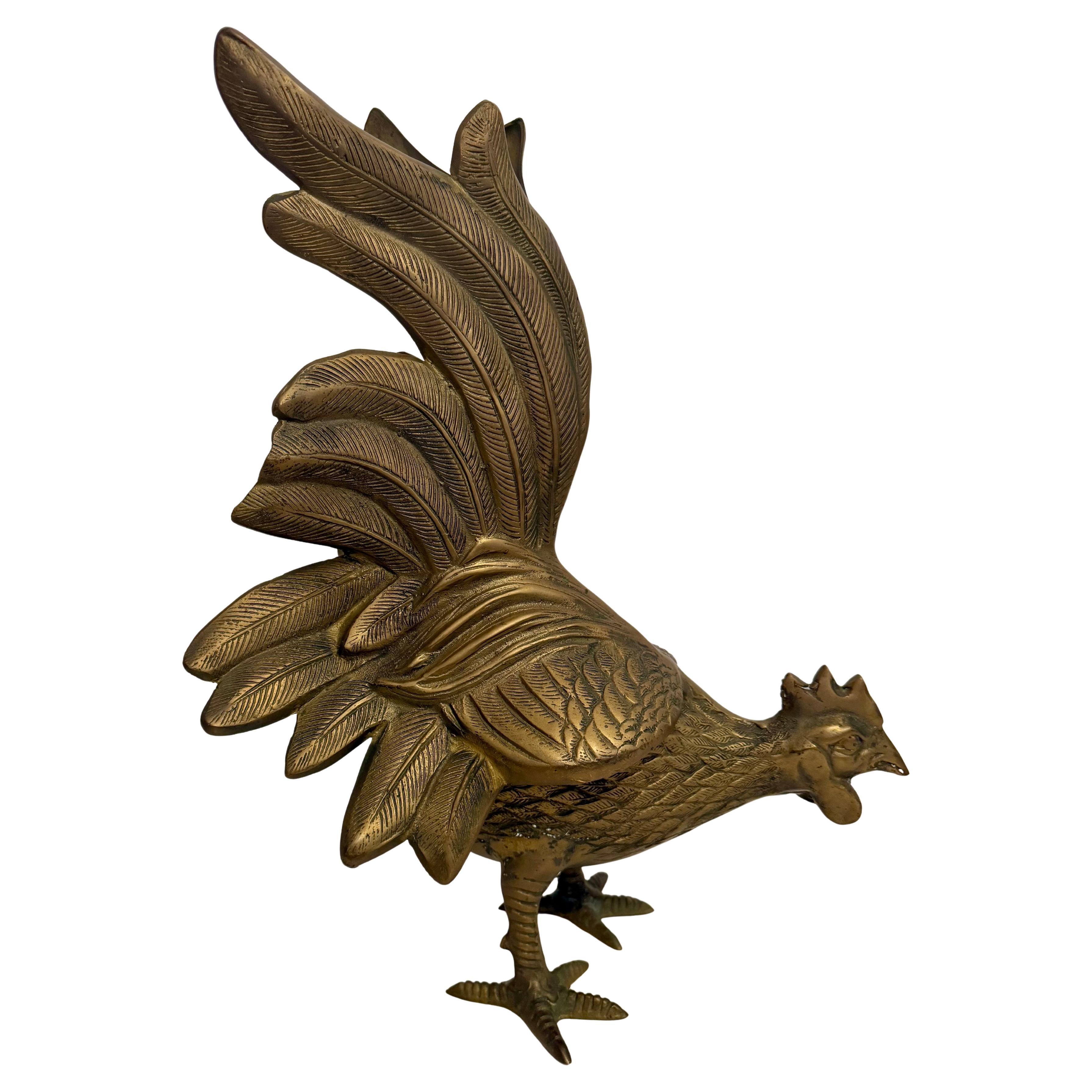 Scultura di gallo in ottone a grandezza naturale