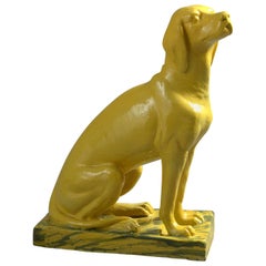 Antique Life-Size Bright Yellow Ceramic Statue of a Pointer Dog