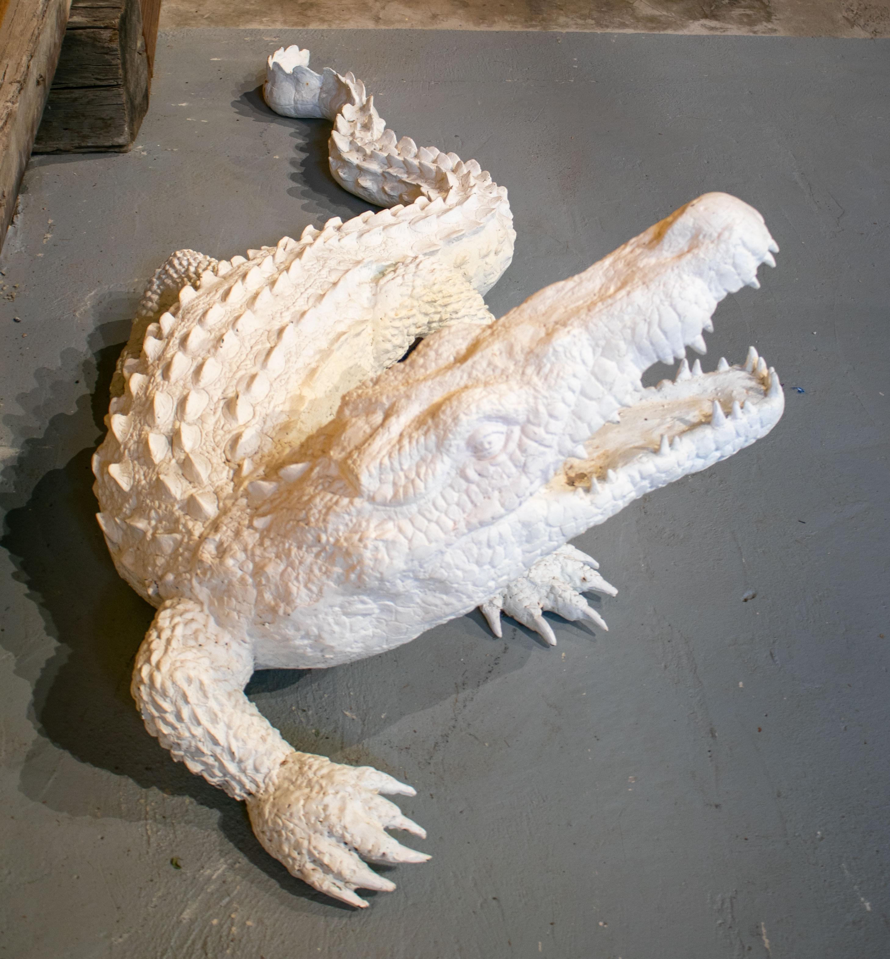 European Life-Size Bronze Cast Crocodile Painted in White