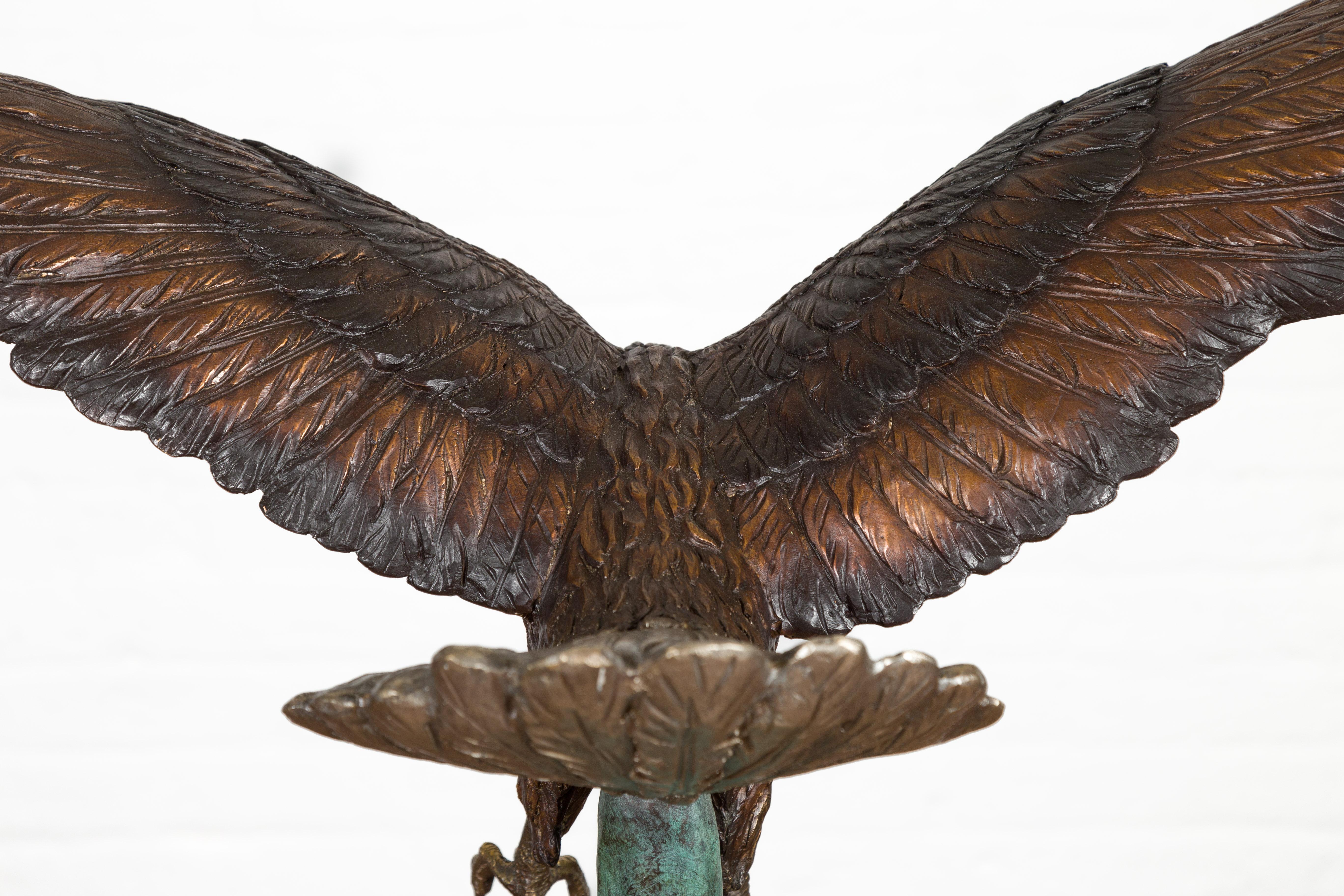 Life Size Bronze Sculpture of a Diving Eagle on Black Marble Base For Sale 1