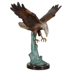 Vintage Life Size Bronze Sculpture of a Diving Eagle on Black Marble Base