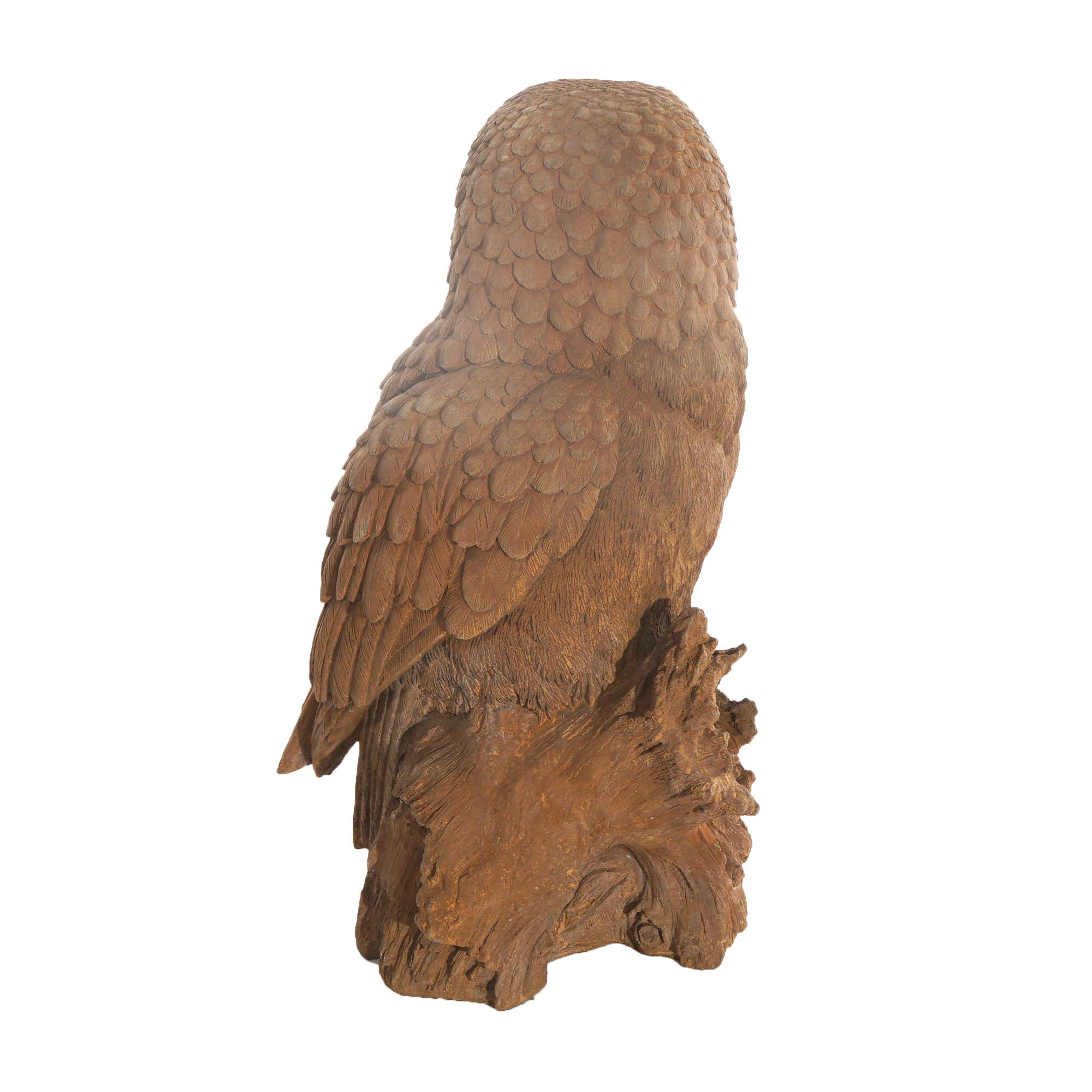 Cast Stone Life Size Bronzed Finish Cast Hard Stone Great Horned Owl Garden Statue, 20th C For Sale