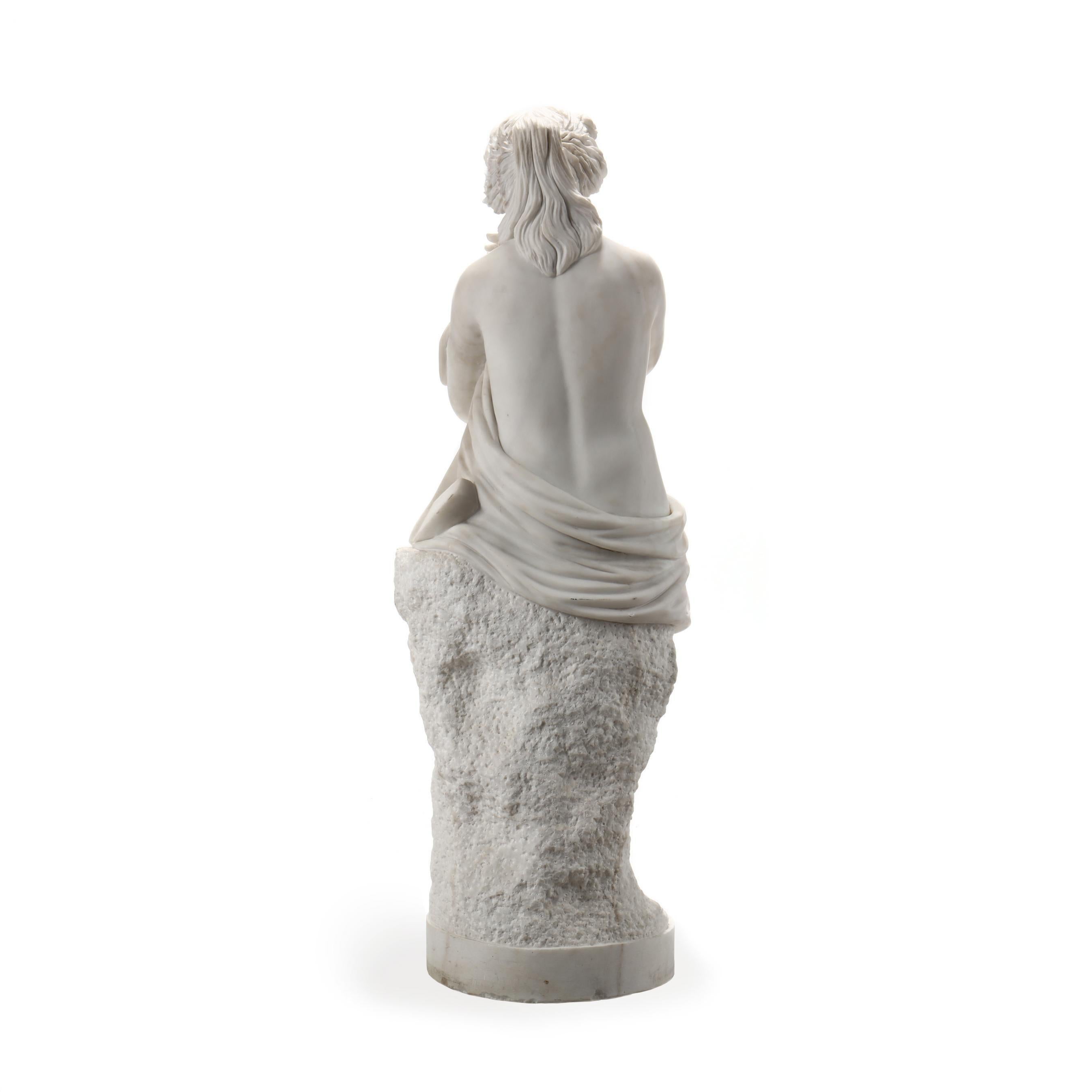 Life-size carved marble allegorical sculpture of hope

circa 1900, unsigned, the woman wearing a Roman style gown and depicted perched on a craggy outcropping with an anchor by her side, roses dress her hair. 
60 in.