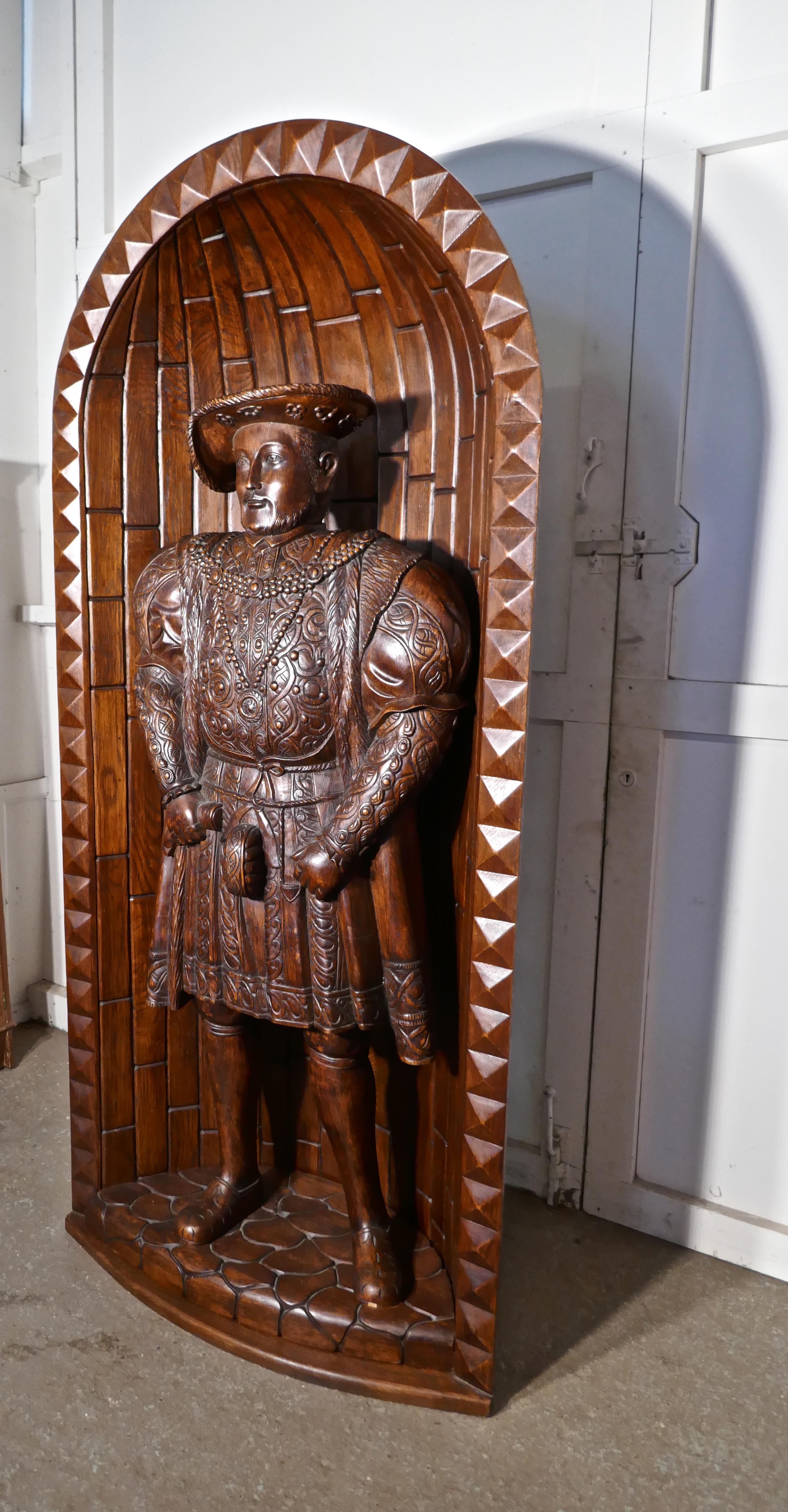 Life-Size Carved Oak Statue of Henry VIII Standing in an Alcove 1