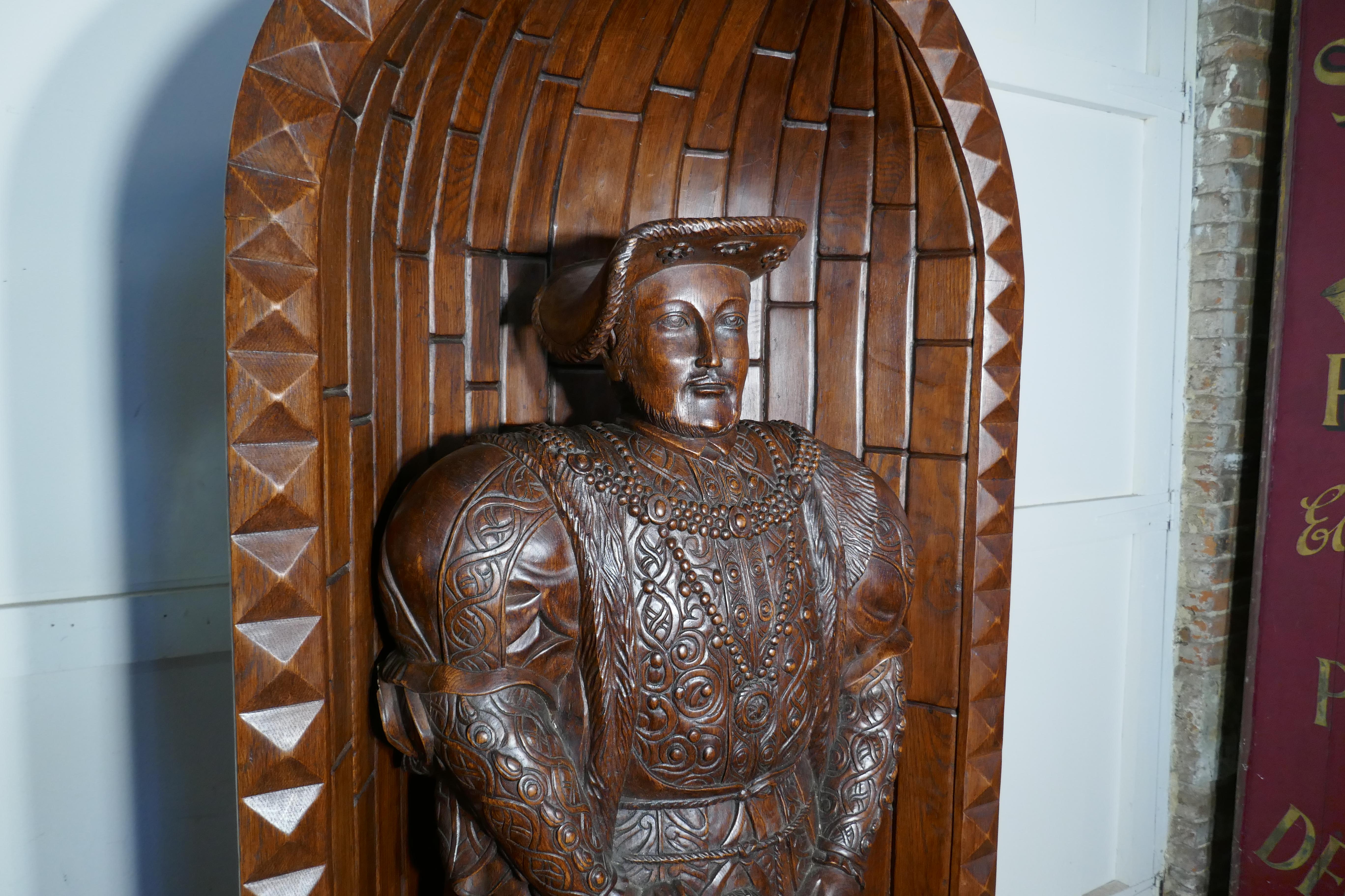Tudor Life-Size Carved Oak Statue of Henry VIII Standing in an Alcove