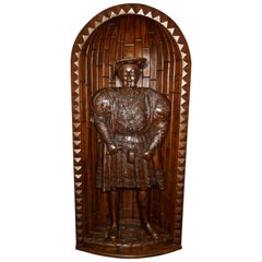 Life-Size Carved Oak Statue of Henry VIII Standing in an Alcove
