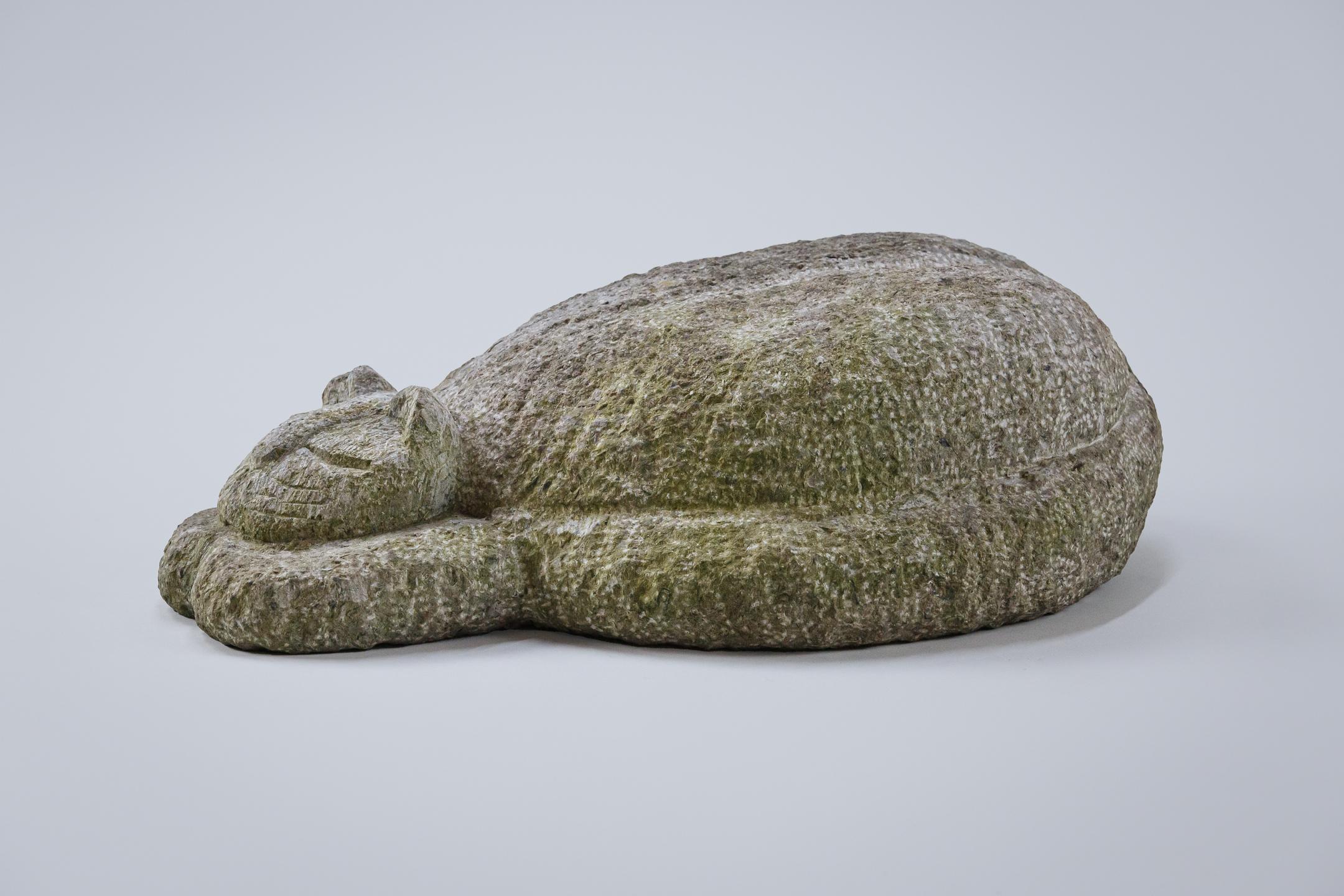 Life Size Carved Purbeck Stone Sleeping Cat In Fair Condition In Pease pottage, West Sussex