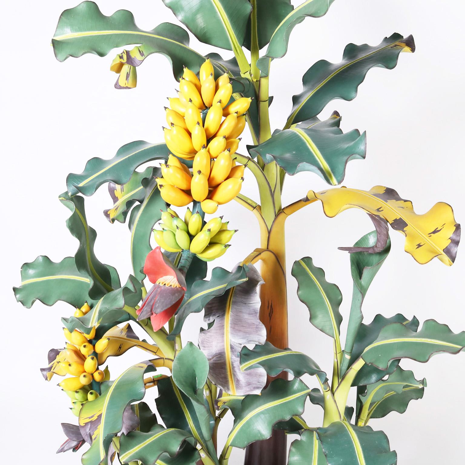 Hand-Crafted Life Size Carved Wood Banana Tree Sculpture