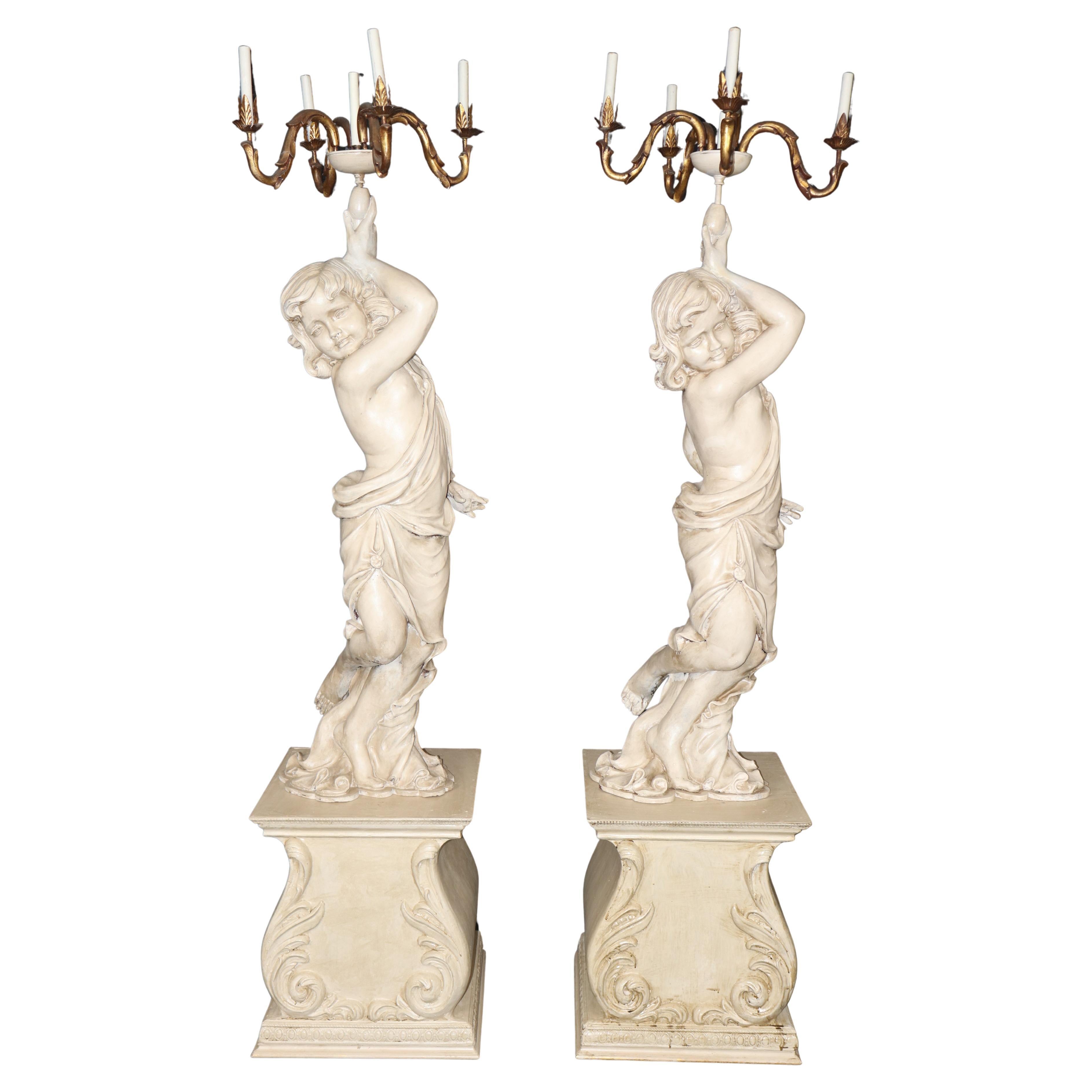Life Size Carved Wood Neoclassical Cherub or Putti Torcheres Floor Lamps