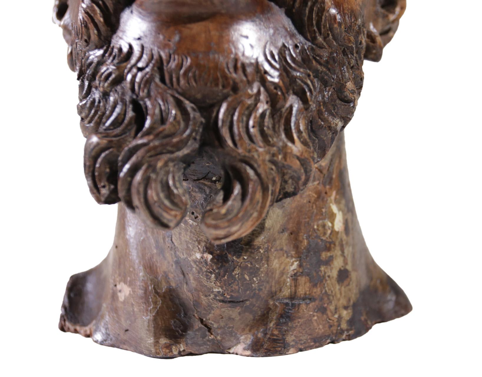 Hand-Carved Life-Size Carved Wood Sculpture of a Man's Head circa 1700 South European For Sale