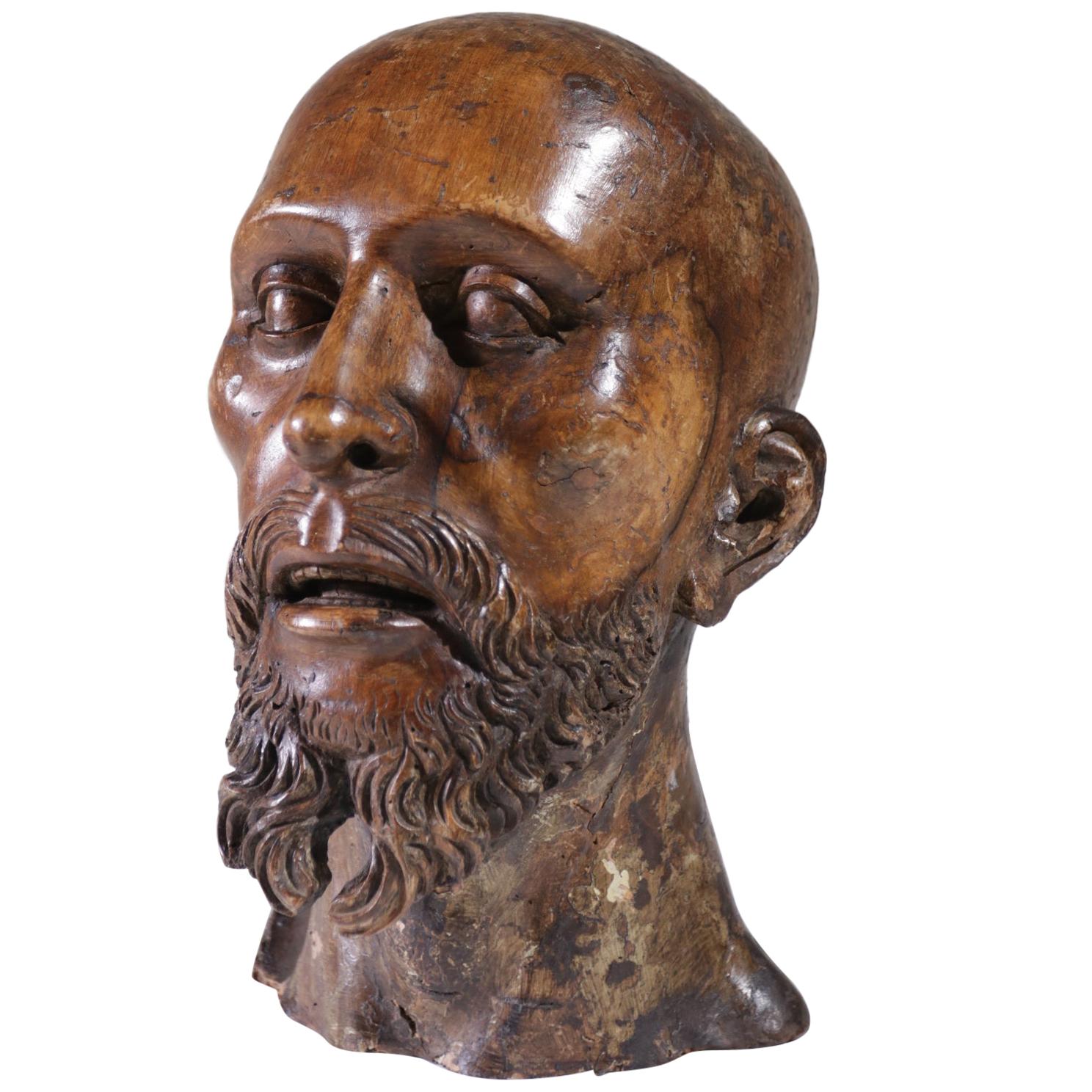 Life-Size Carved Wood Sculpture of a Man's Head circa 1700 South European