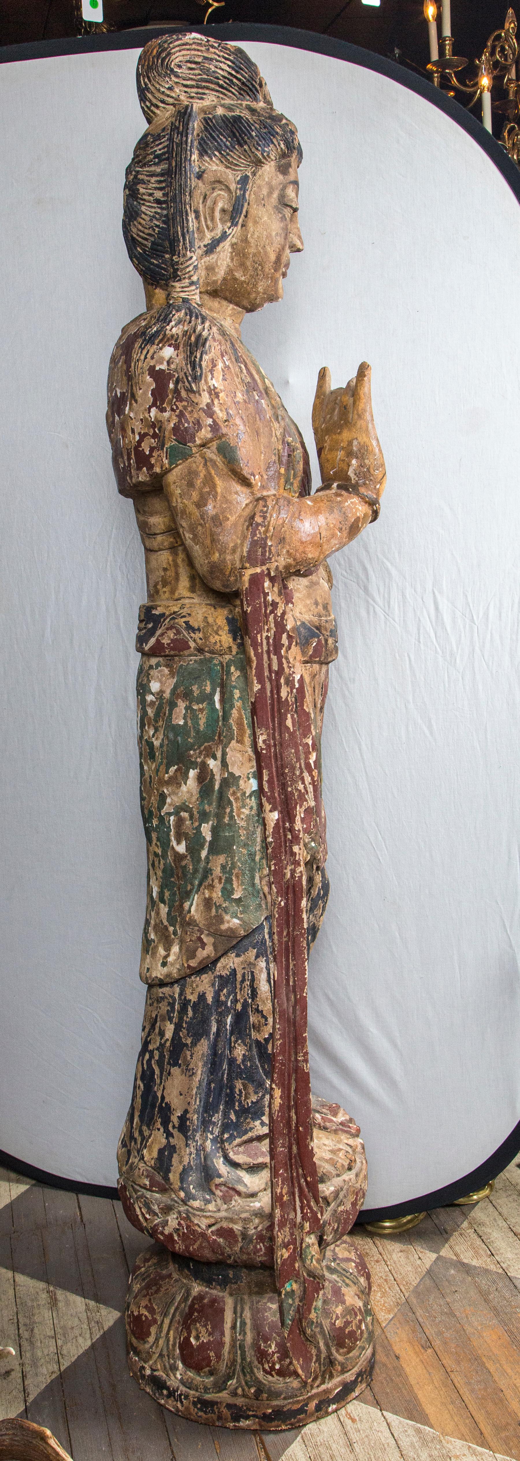 Life Size Carved Wood Statue of K'wan Yin In Distressed Condition In Woodbury, CT